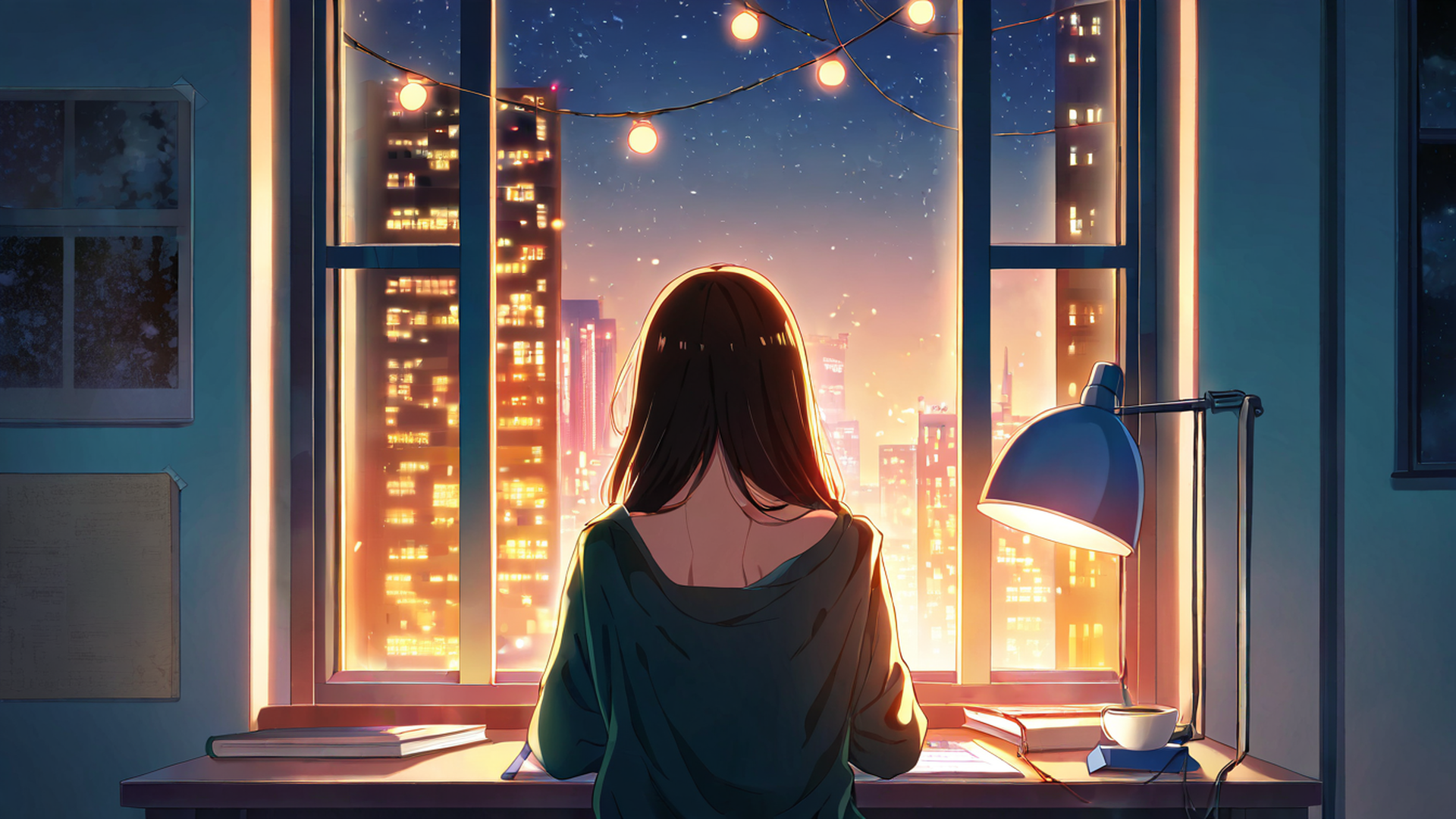 girl desk night lamp lofi wallpaper