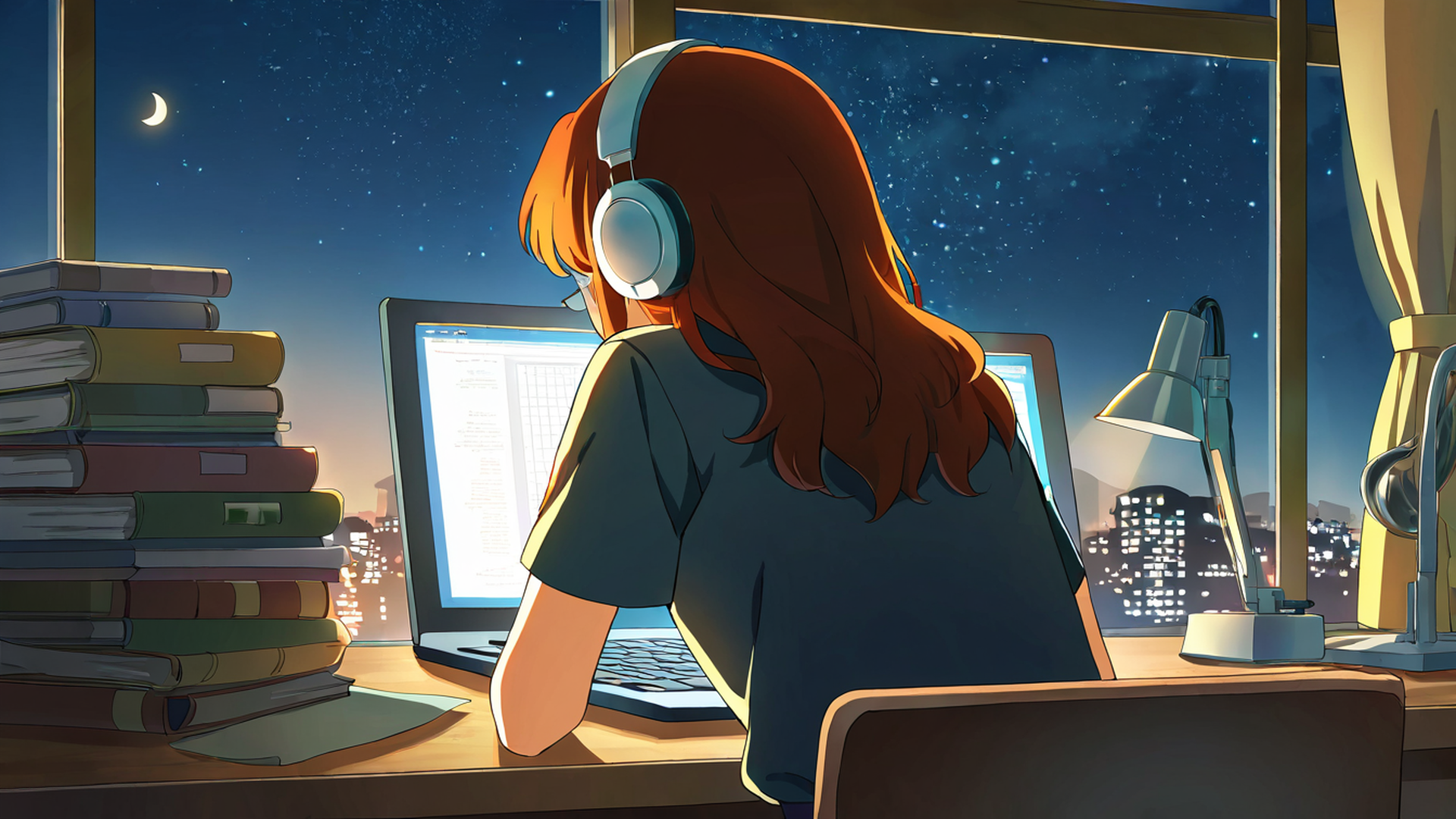 girl desk night lamp lofi wallpaper