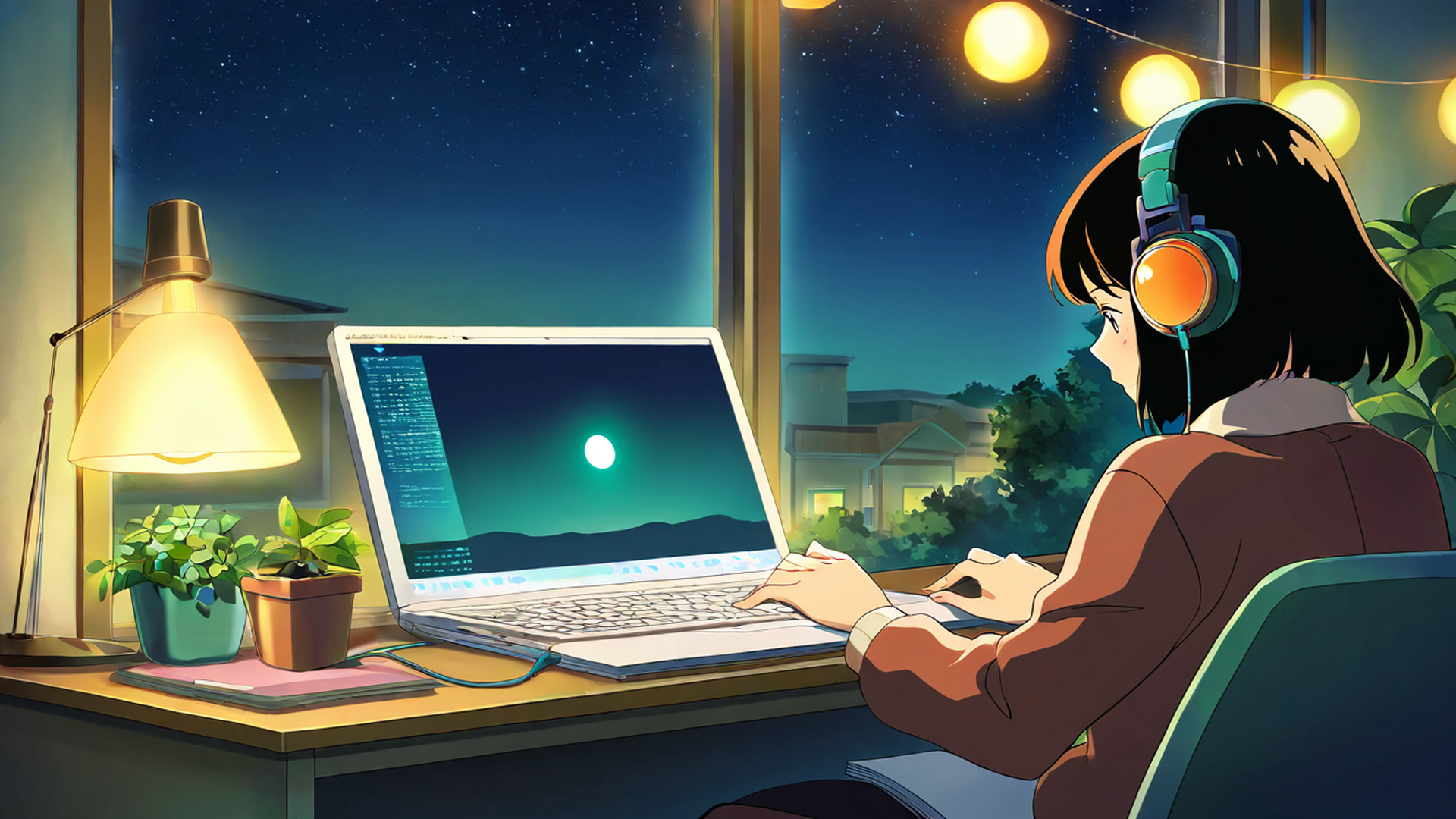 girl desk night lamp lofi wallpaper