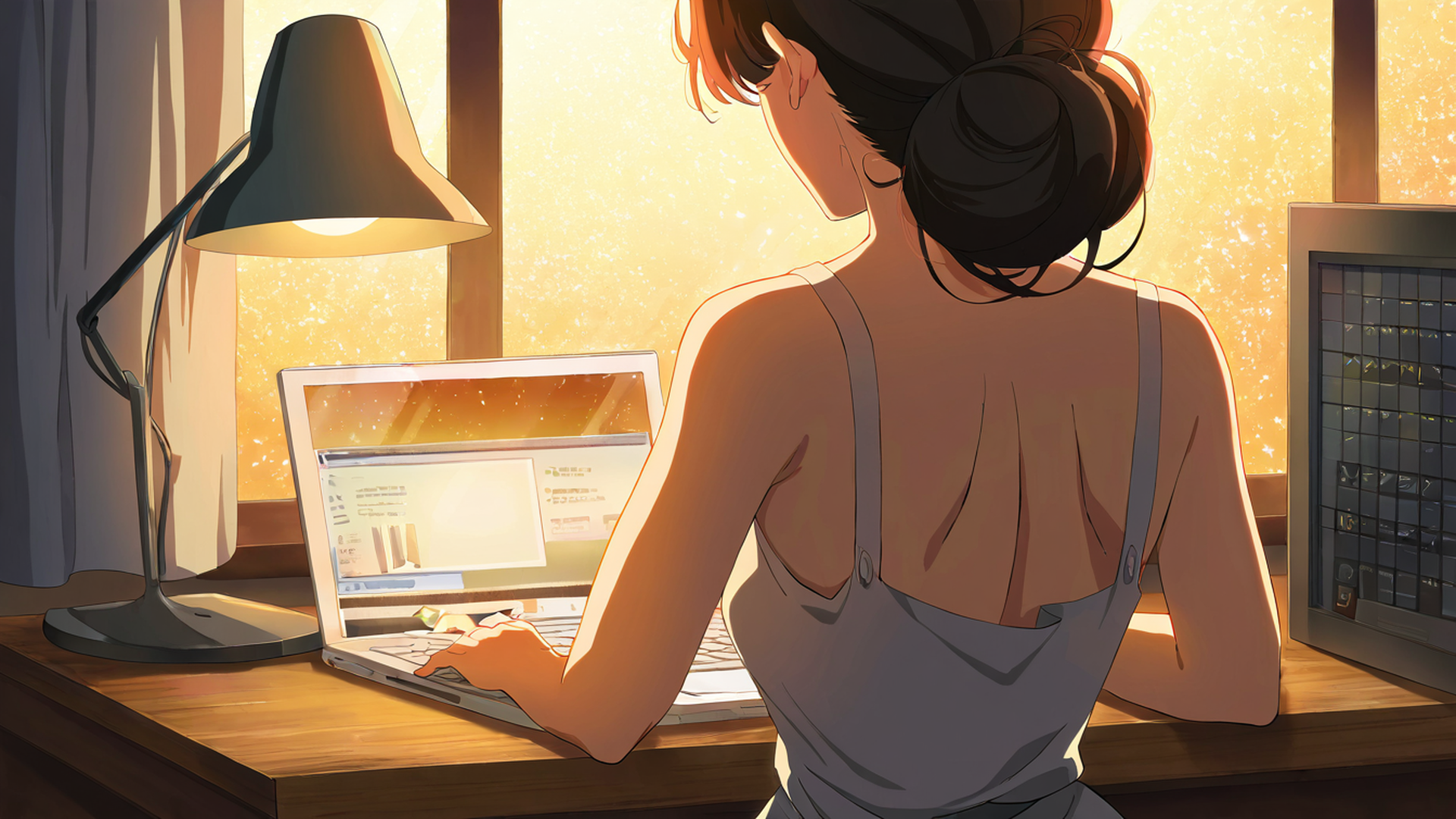 girl desk night lamp lofi wallpaper