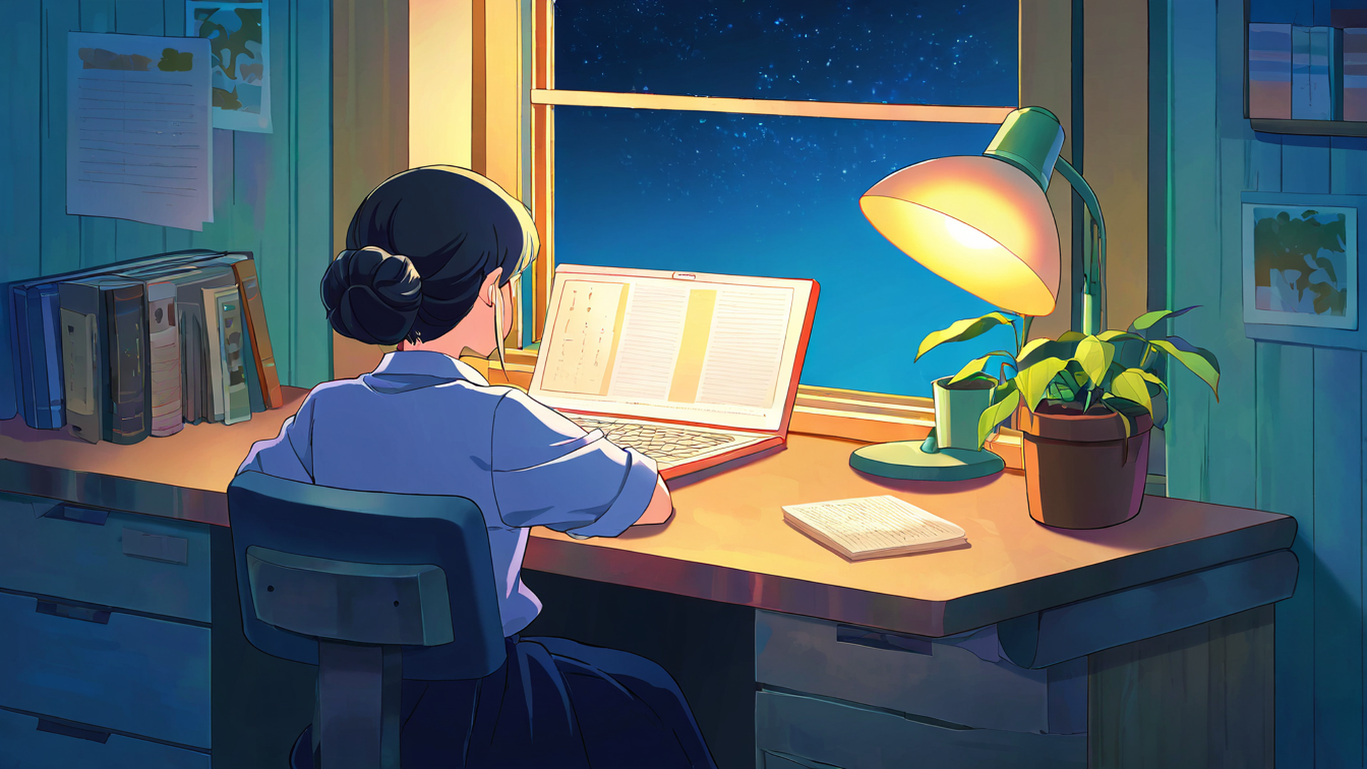 girl desk night lamp lofi wallpaper
