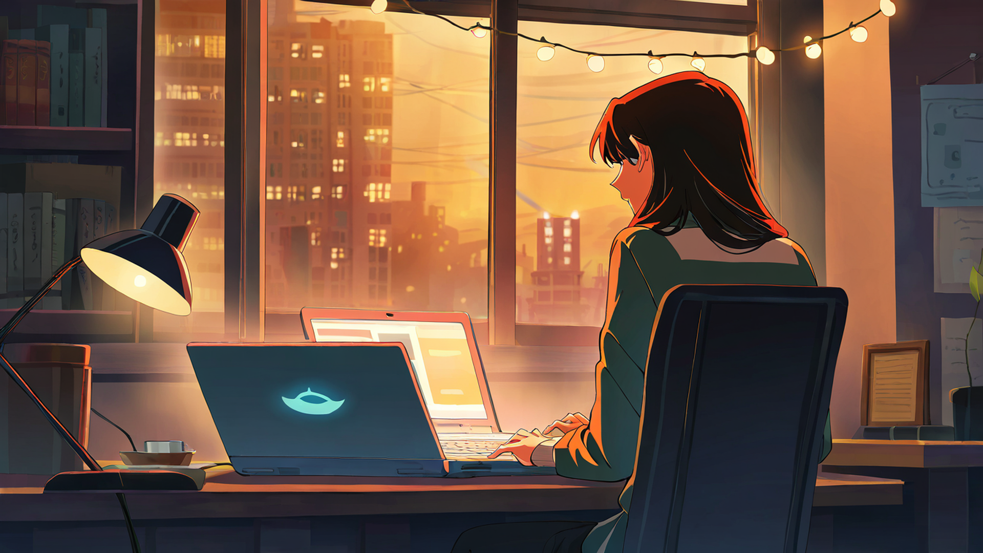 girl desk night lamp lofi wallpaper
