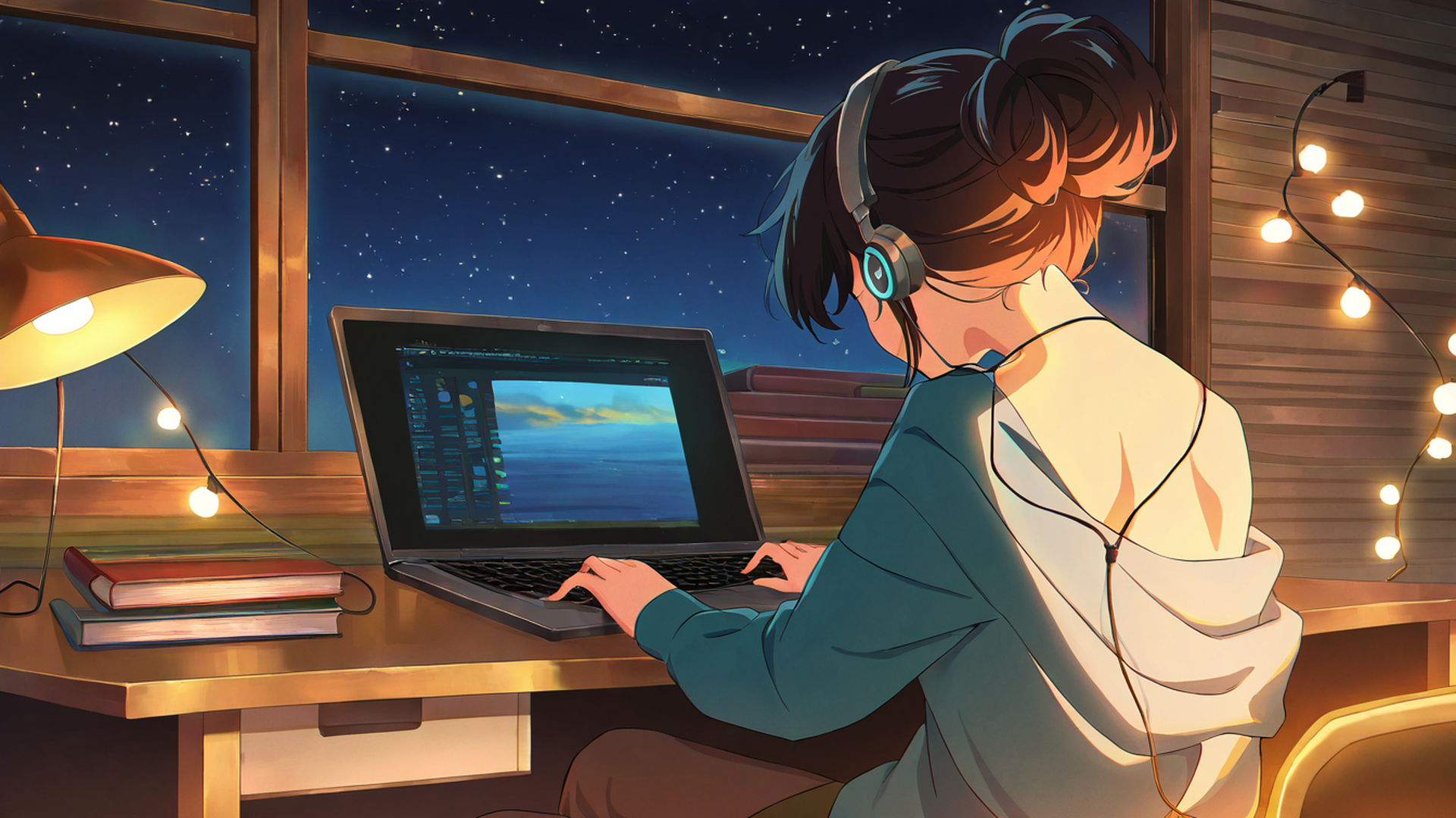 girl desk night lamp lofi wallpaper