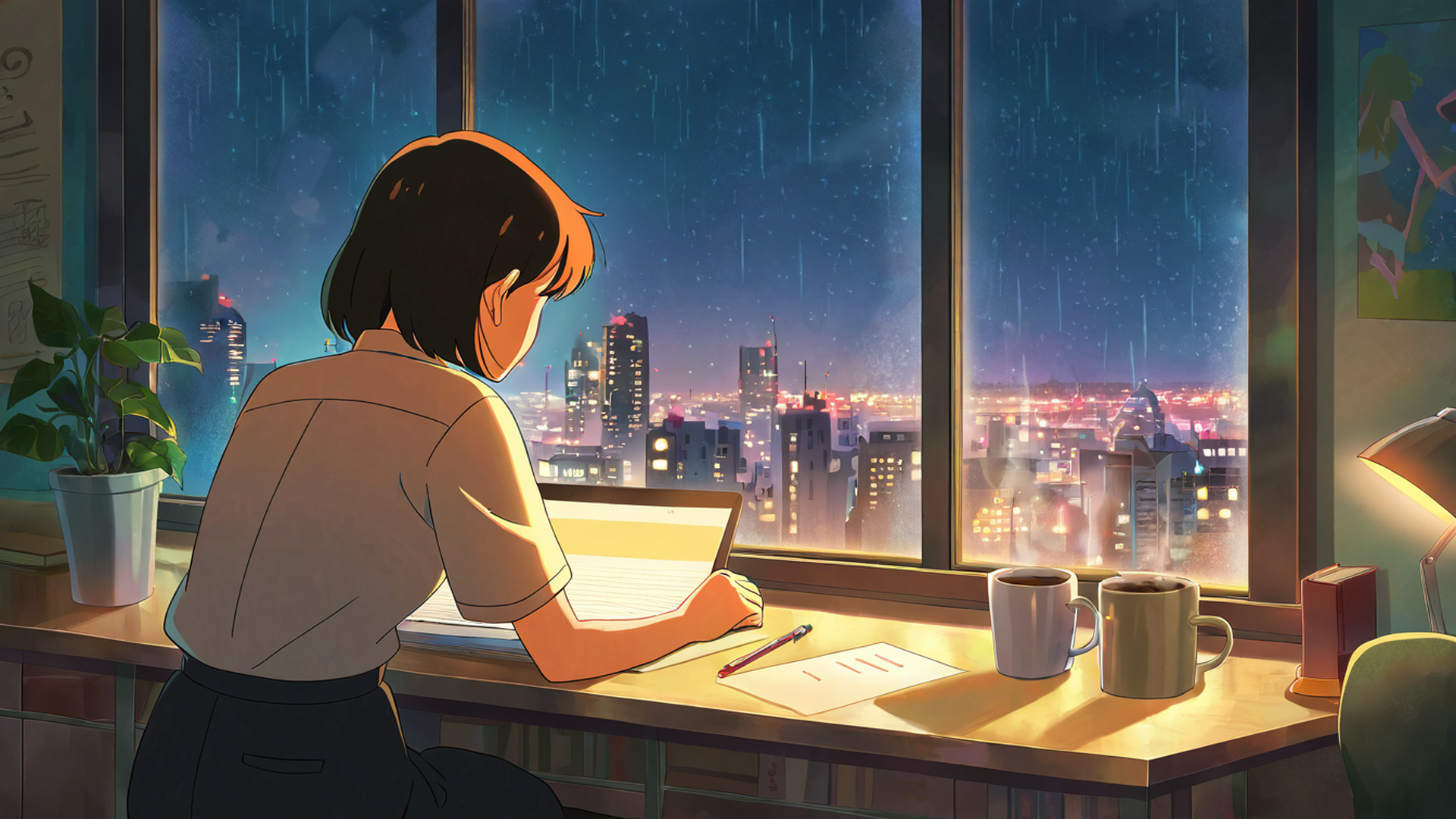 girl desk night lamp lofi wallpaper