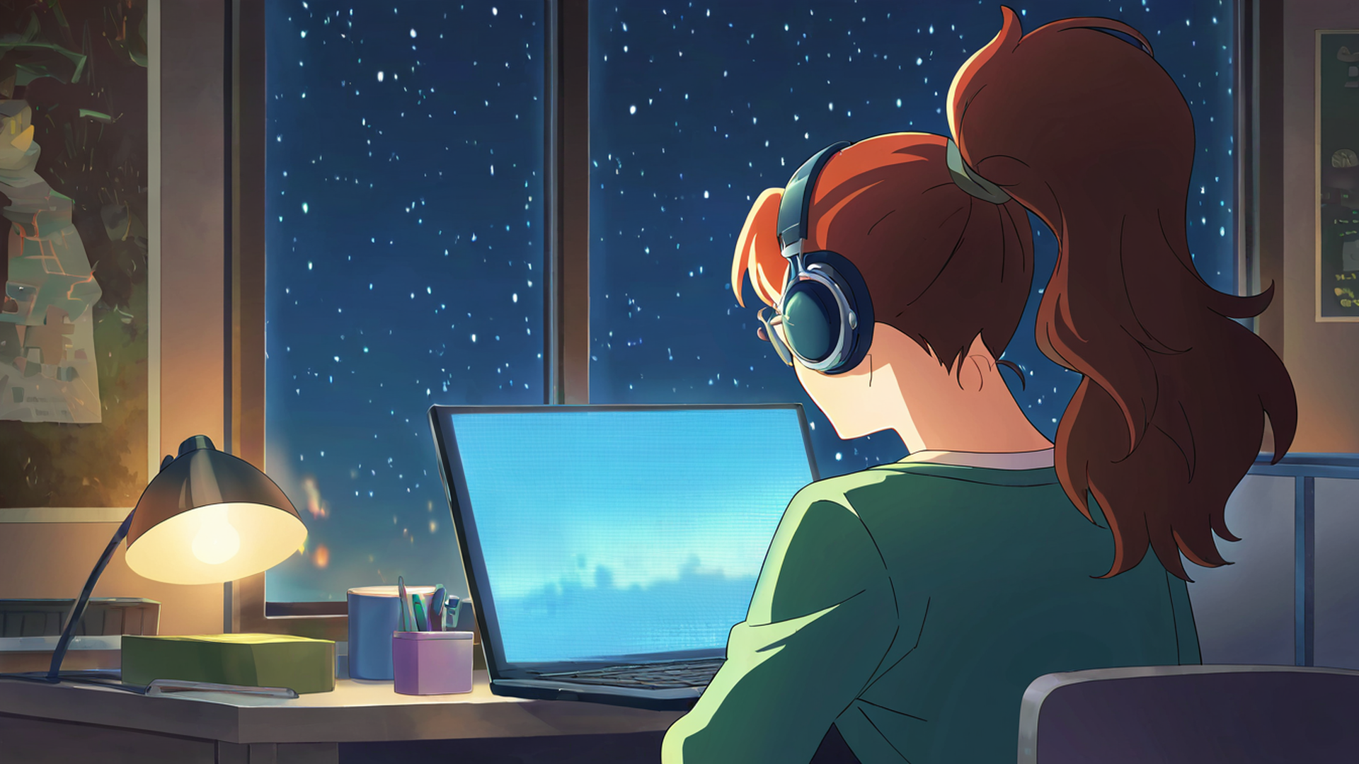 girl desk night lamp lofi wallpaper