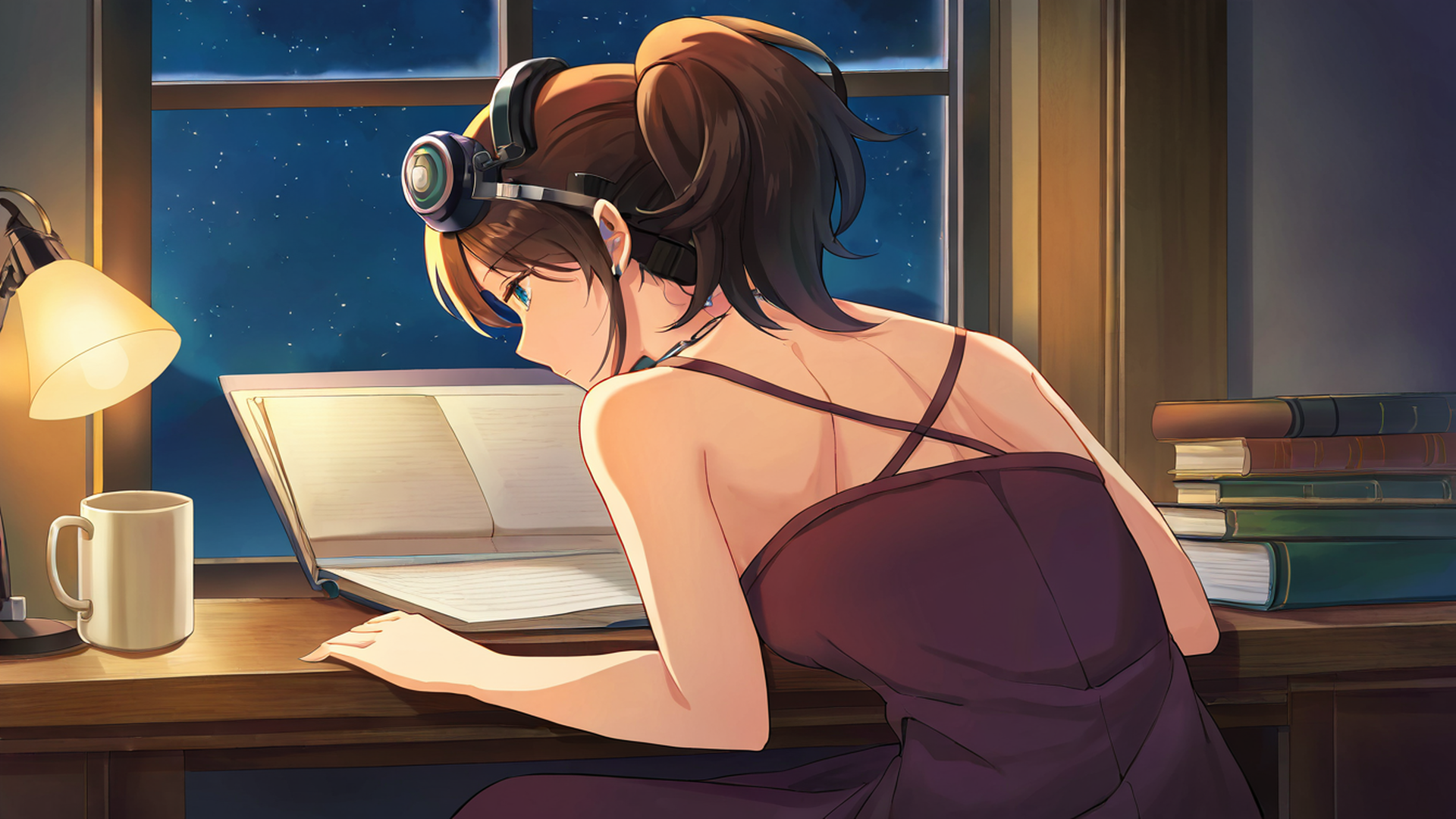 girl desk night lamp lofi wallpaper