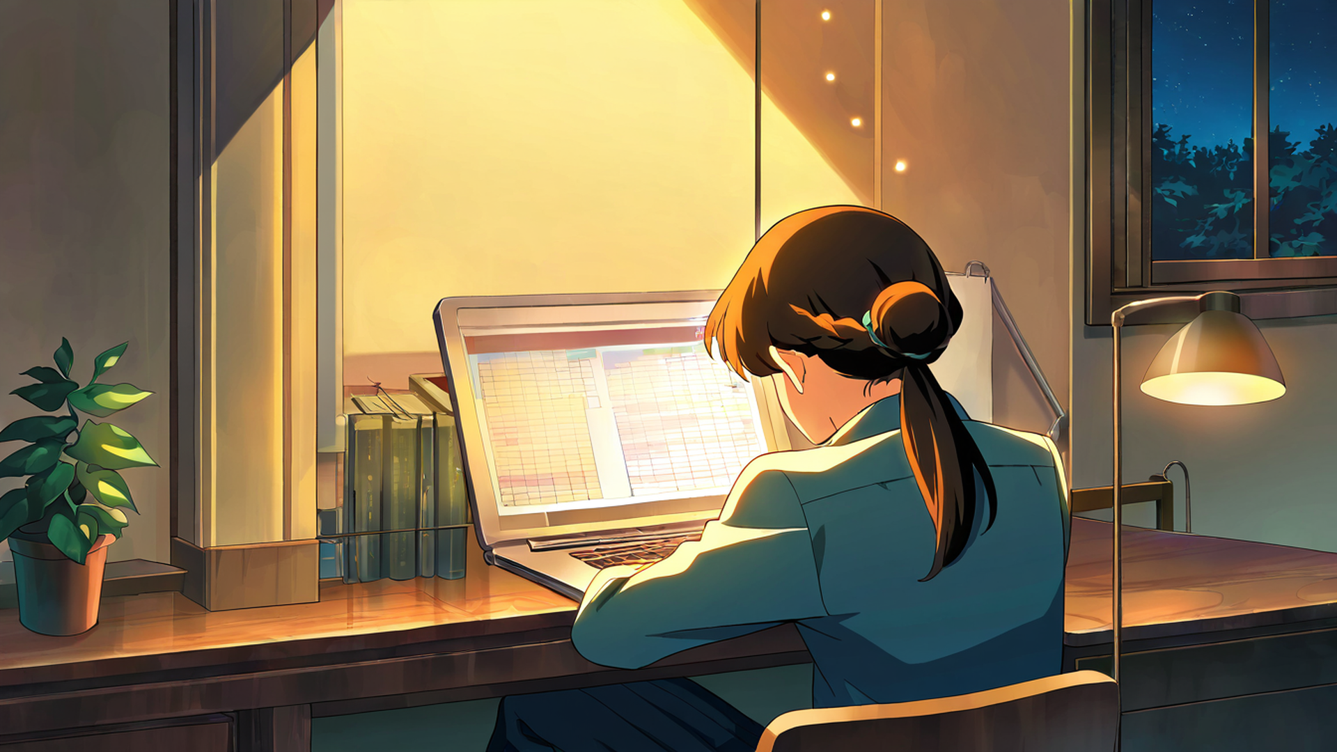 girl desk night lamp lofi wallpaper