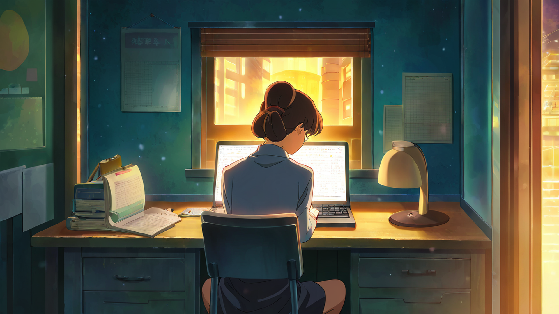 girl desk night lamp lofi wallpaper
