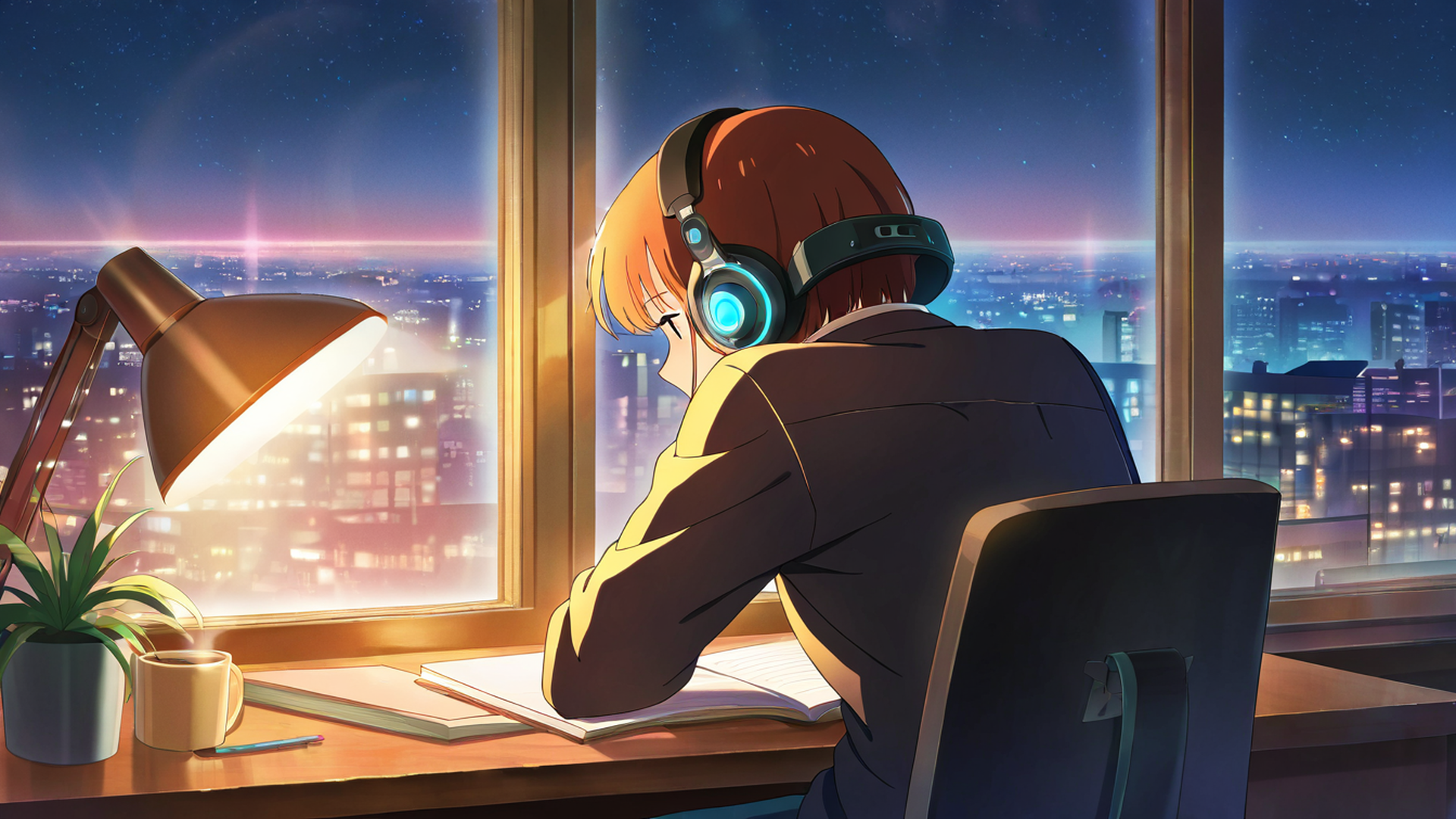 girl desk night lamp lofi wallpaper