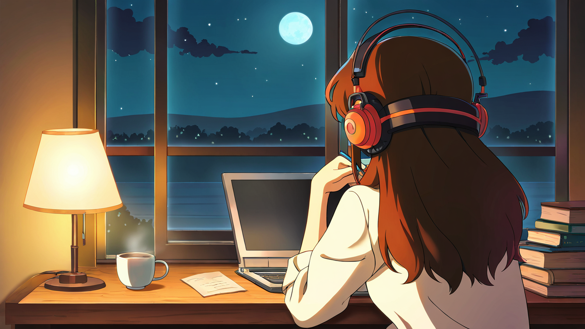 girl desk night lamp lofi wallpaper