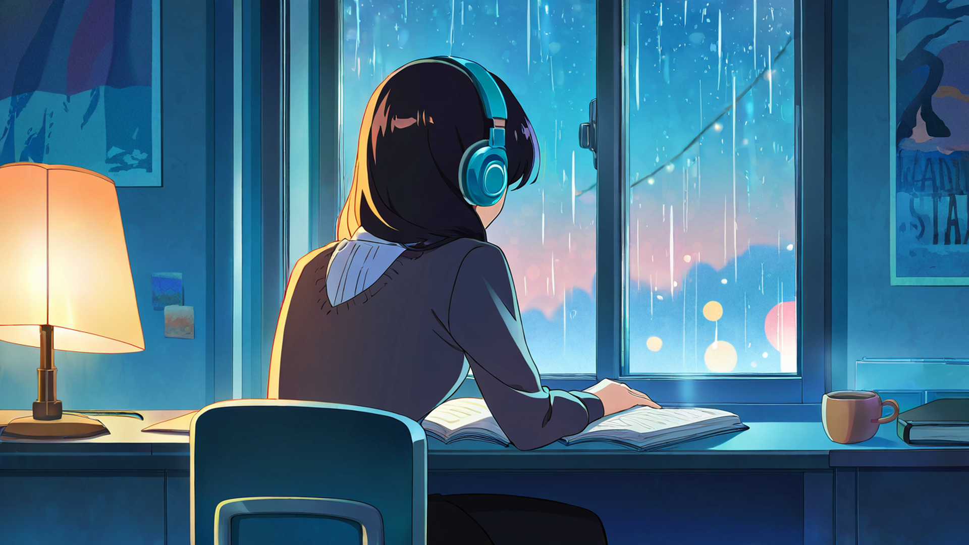 girl desk night lamp lofi wallpaper