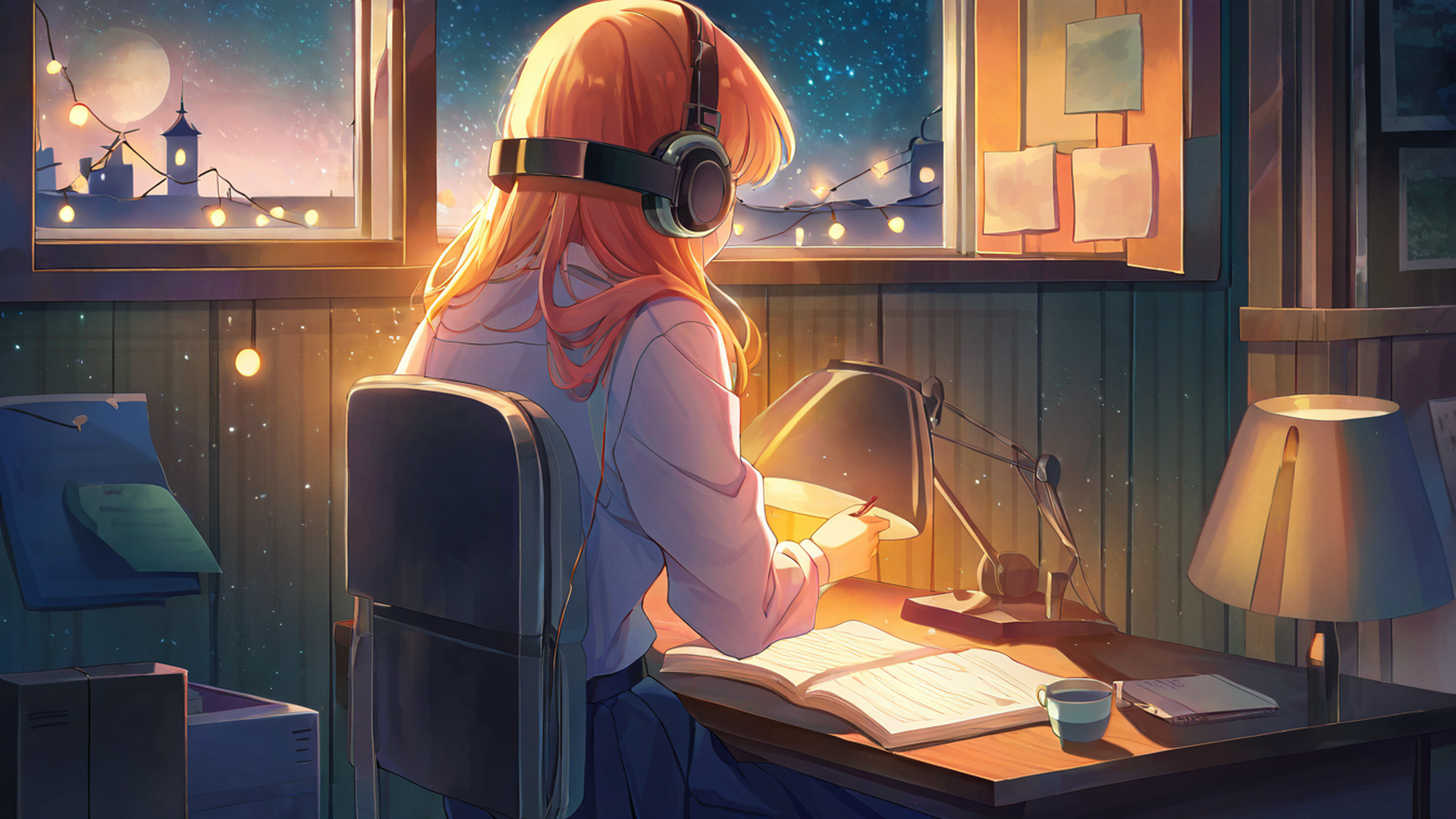 girl desk night lamp lofi wallpaper