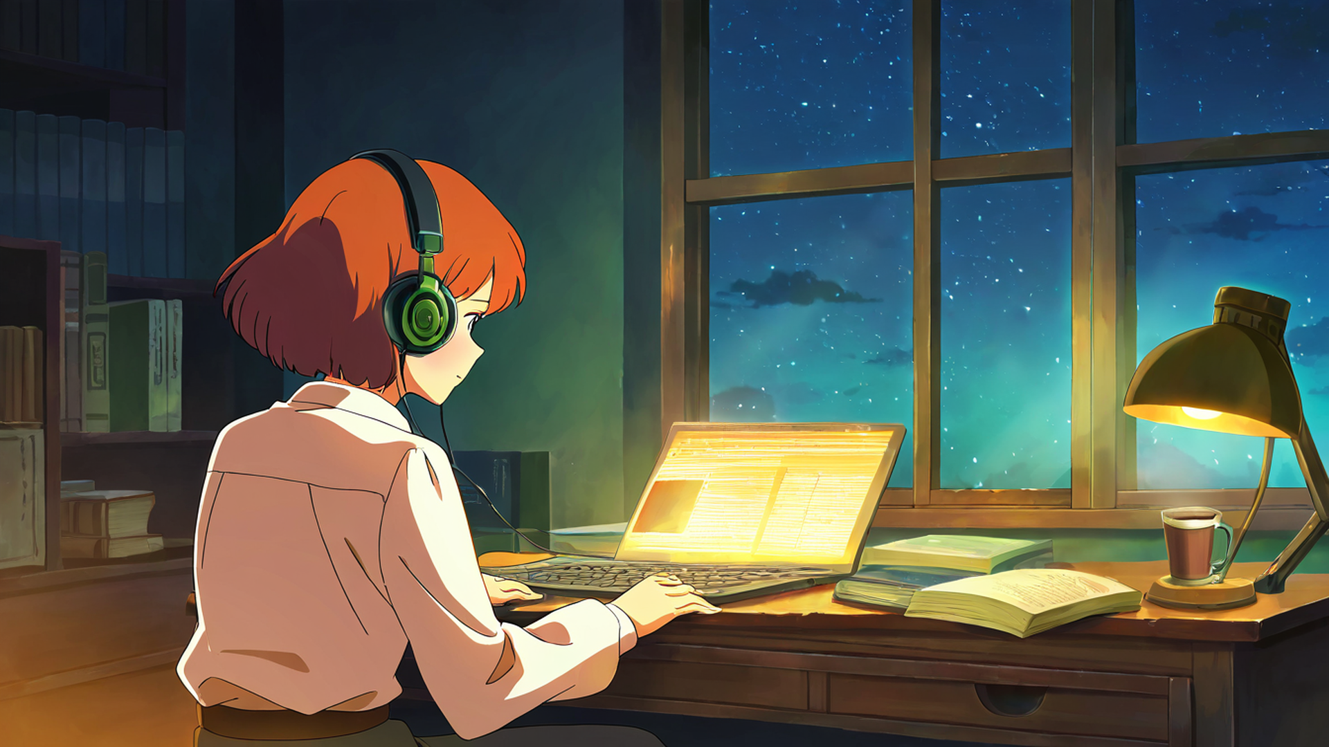 girl desk night lamp lofi wallpaper