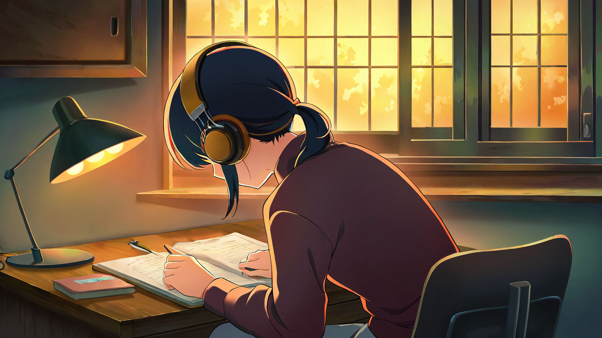 girl desk night lamp lofi wallpaper