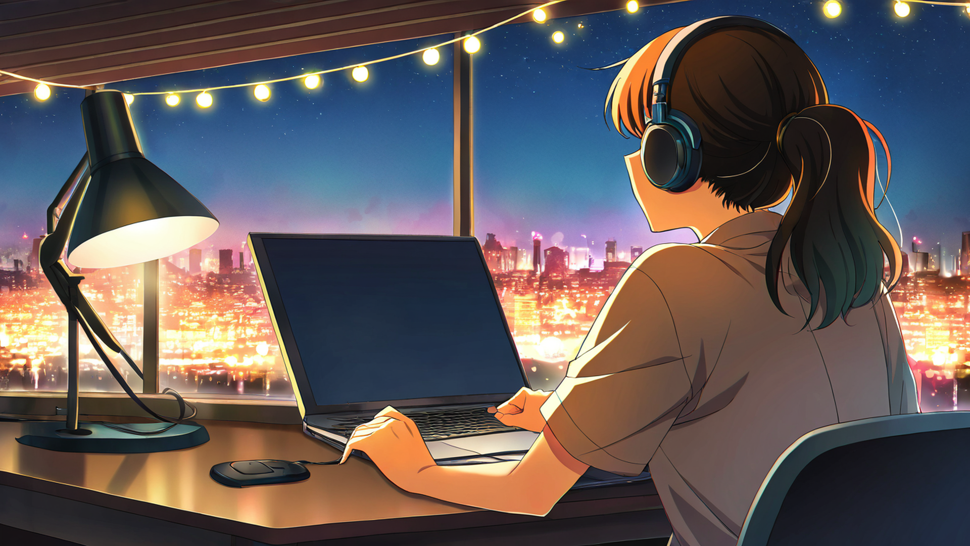 girl desk night lamp lofi wallpaper