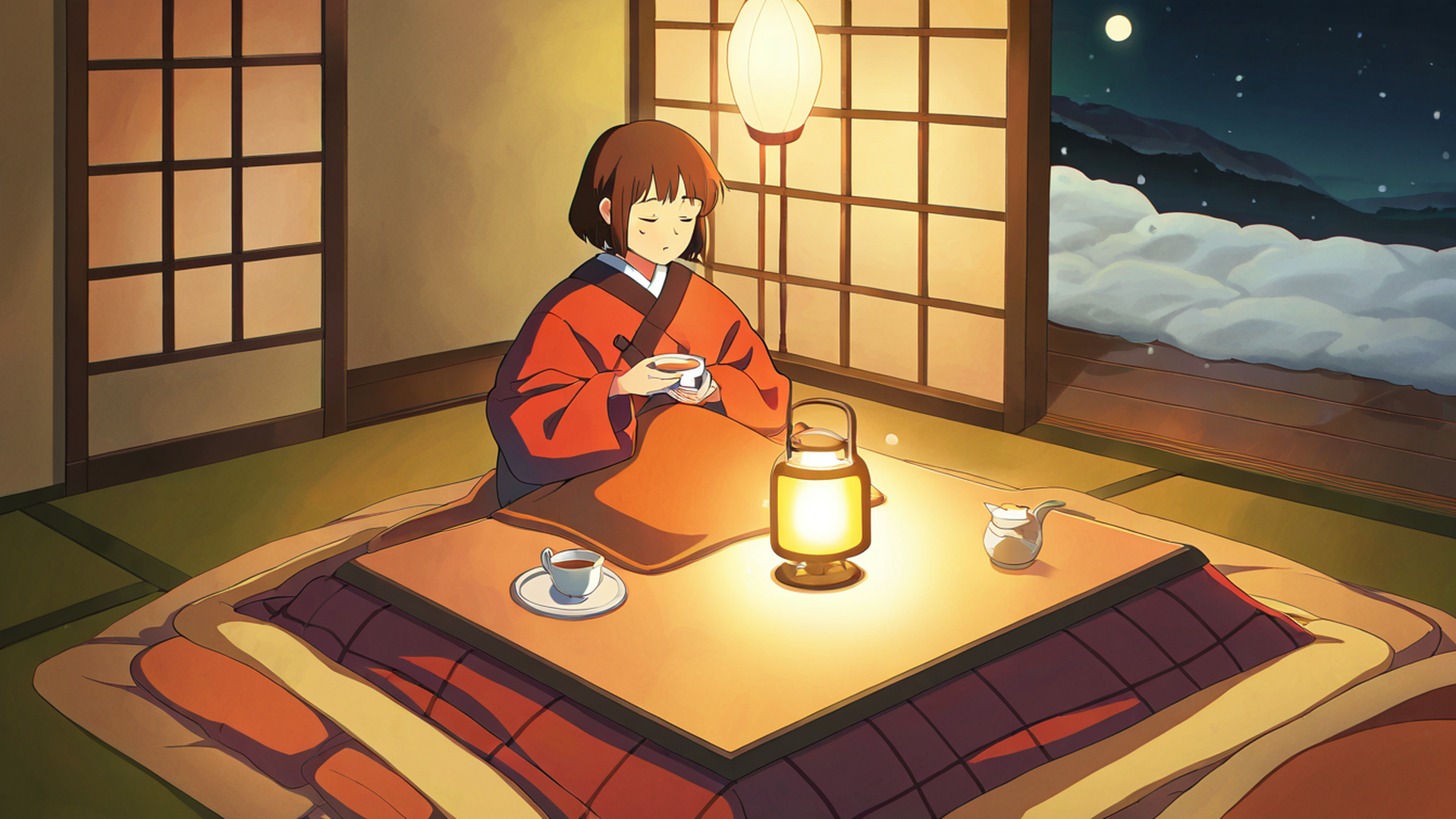 girl kotatsu winter lofi wallpaper