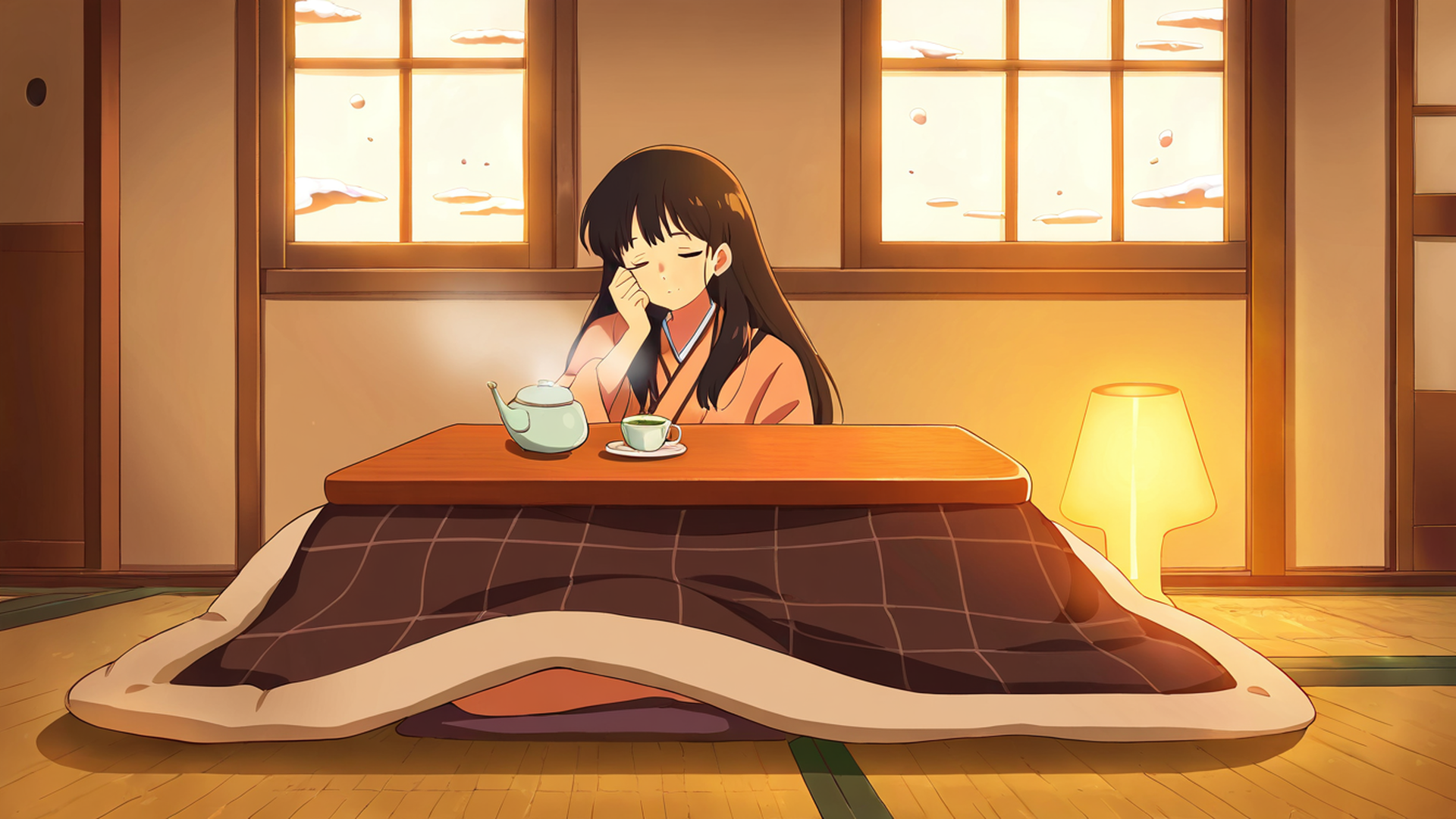 girl kotatsu winter lofi wallpaper
