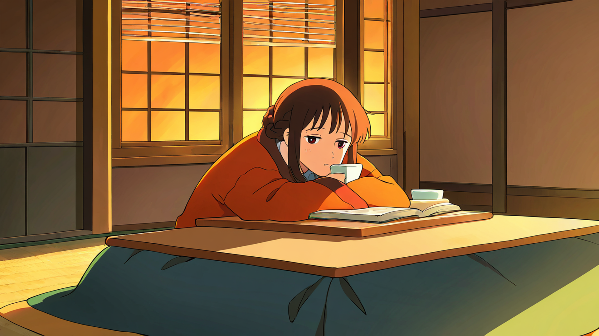 girl kotatsu winter lofi wallpaper