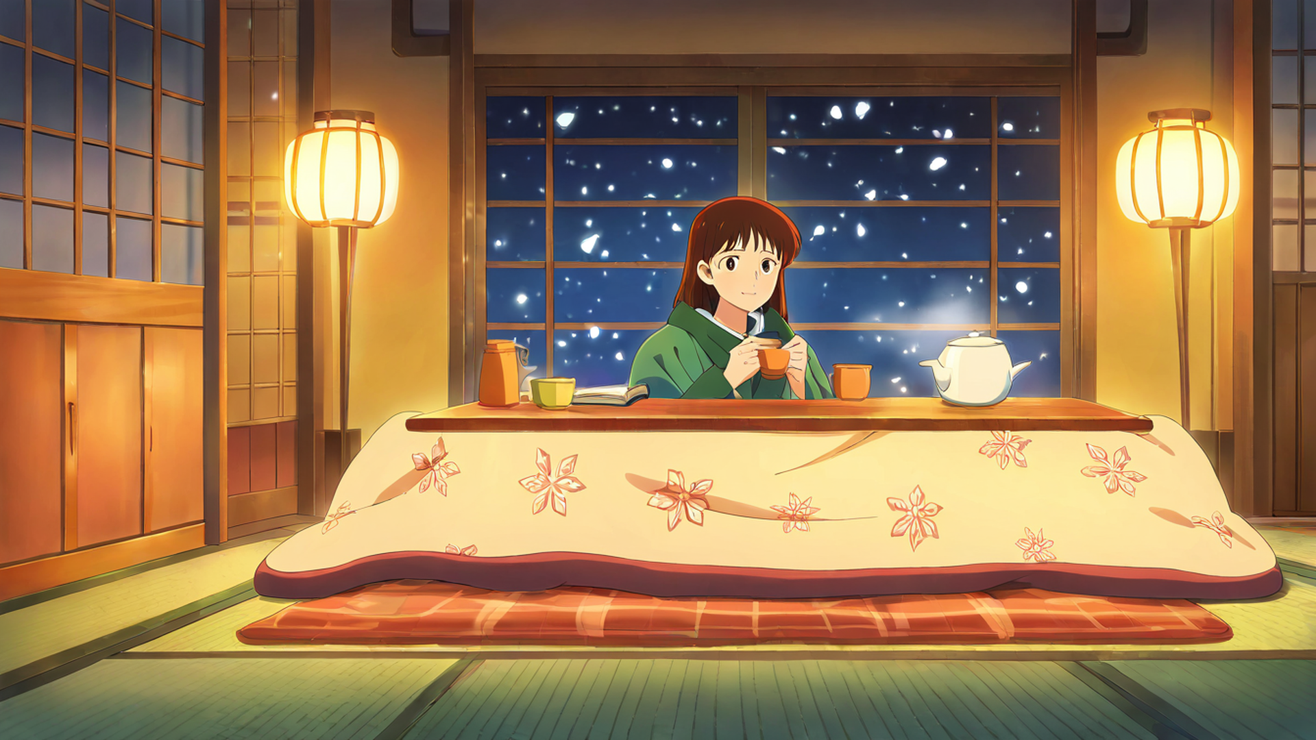 girl kotatsu winter lofi wallpaper