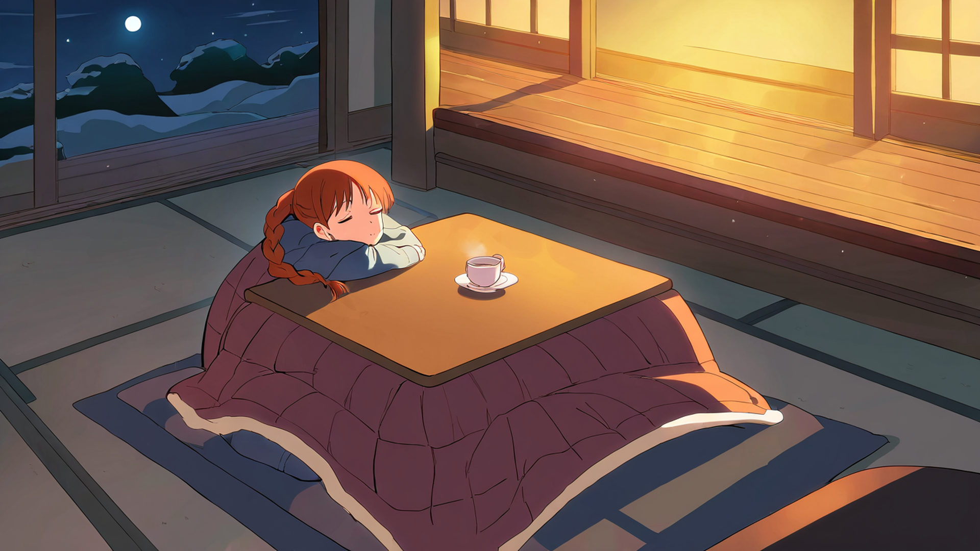 girl kotatsu winter lofi wallpaper