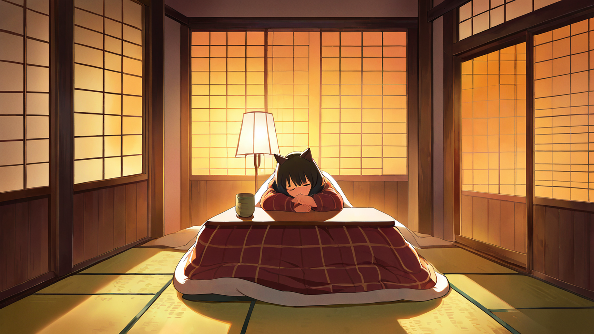 girl kotatsu winter lofi wallpaper