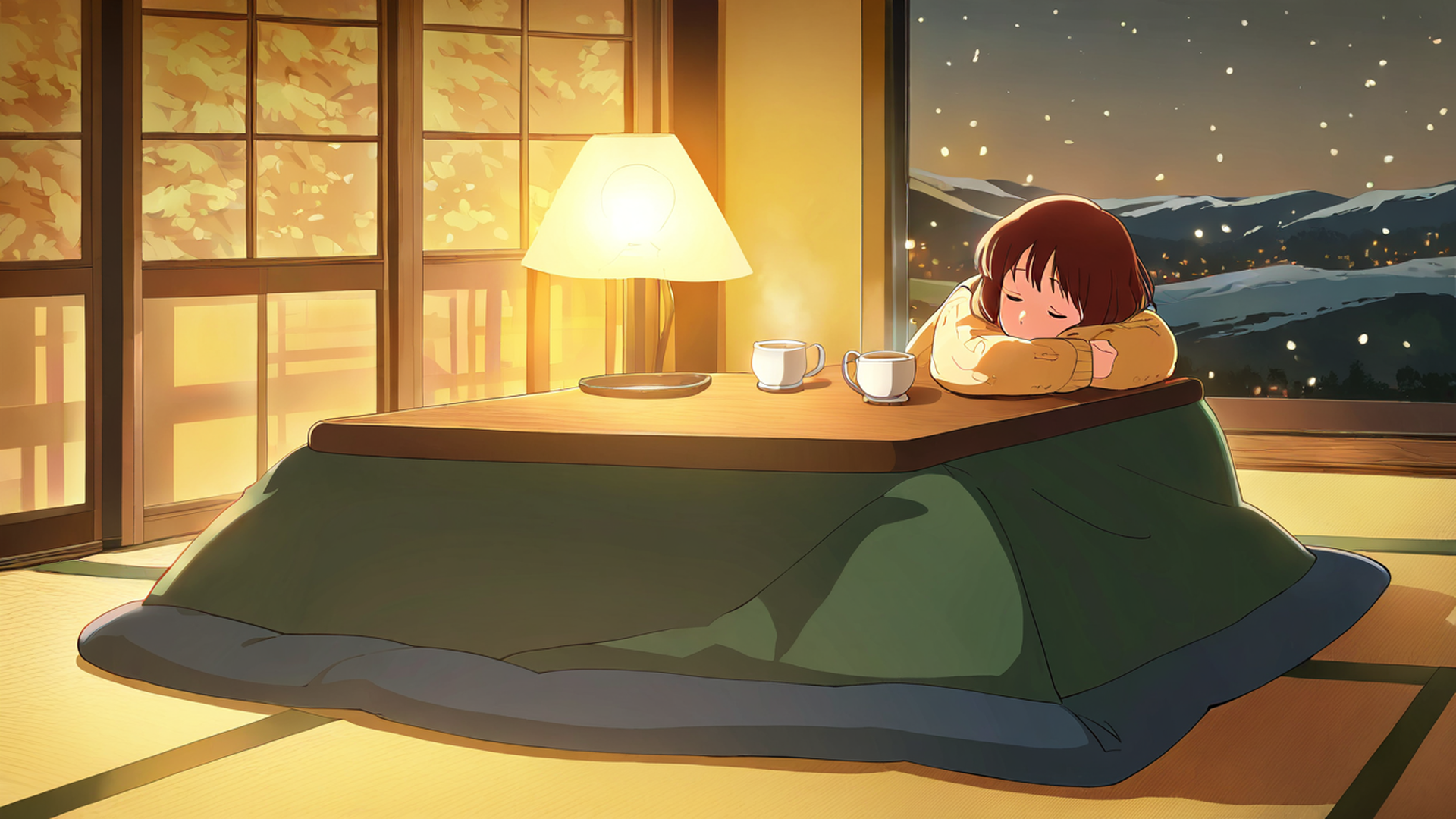 girl kotatsu winter lofi wallpaper