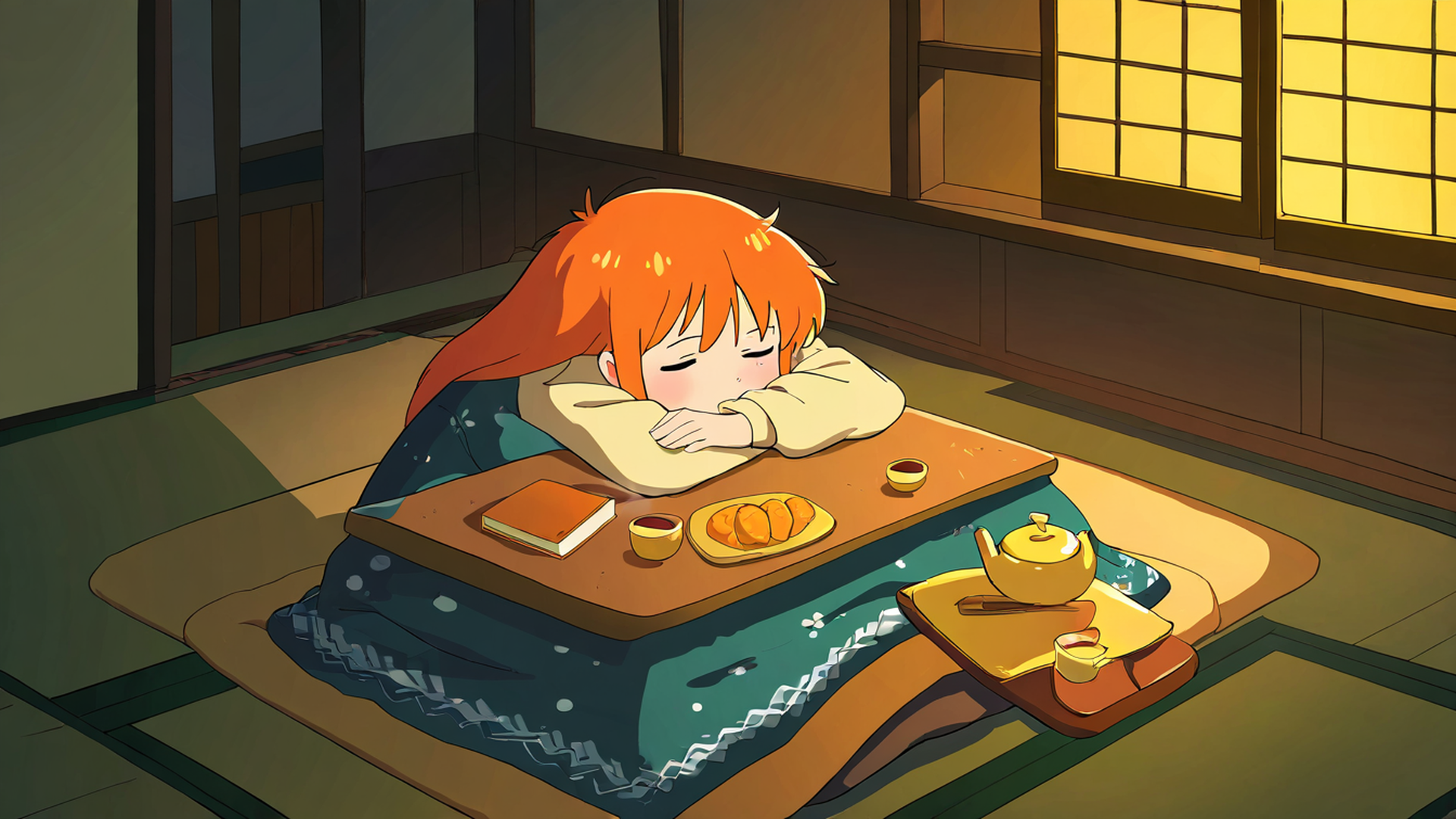 girl kotatsu winter lofi wallpaper