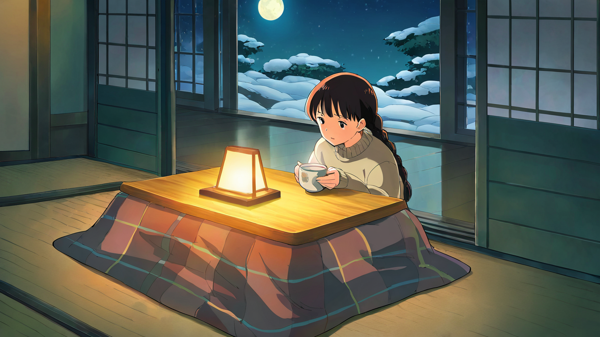 girl kotatsu winter lofi wallpaper