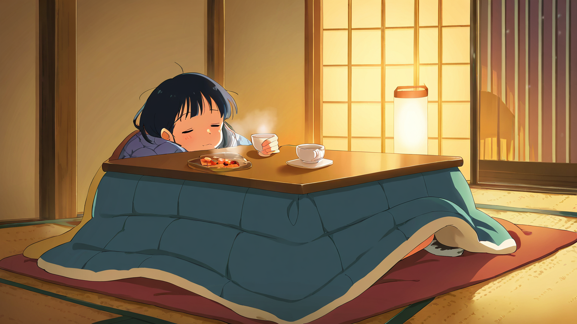 girl kotatsu winter lofi wallpaper