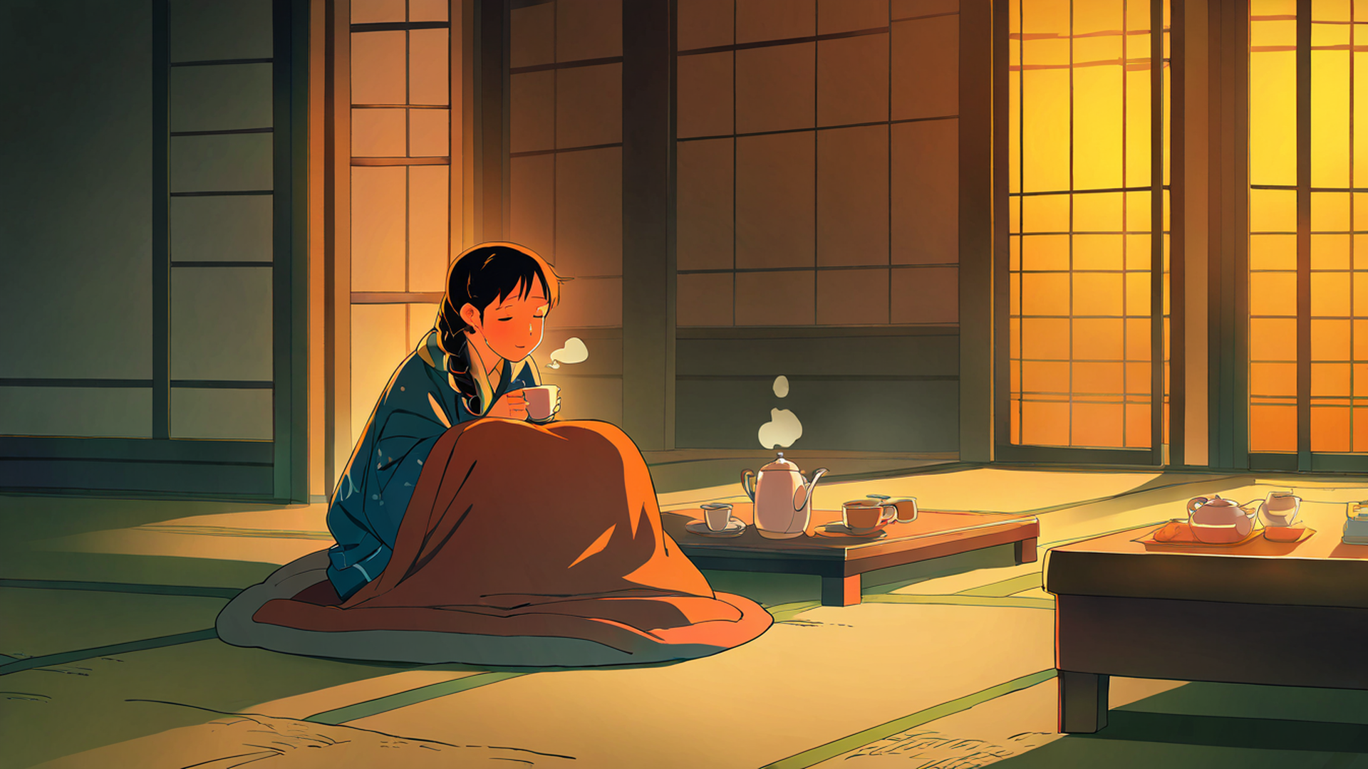 girl kotatsu winter lofi wallpaper