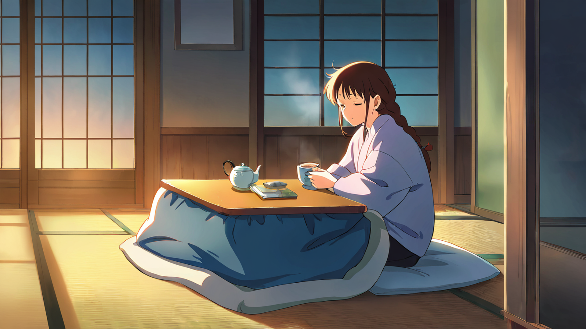 girl kotatsu winter lofi wallpaper