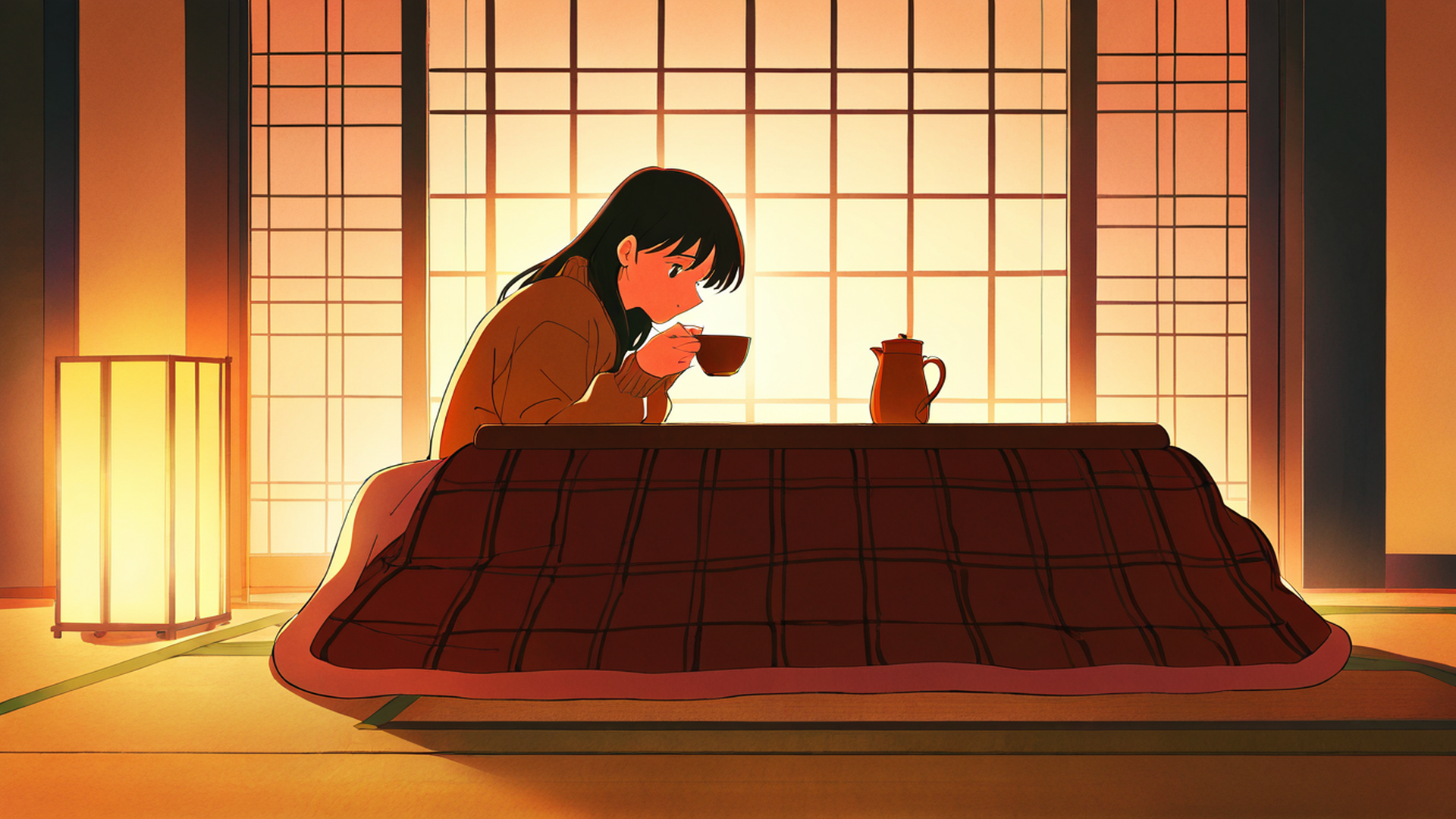 girl kotatsu winter lofi wallpaper