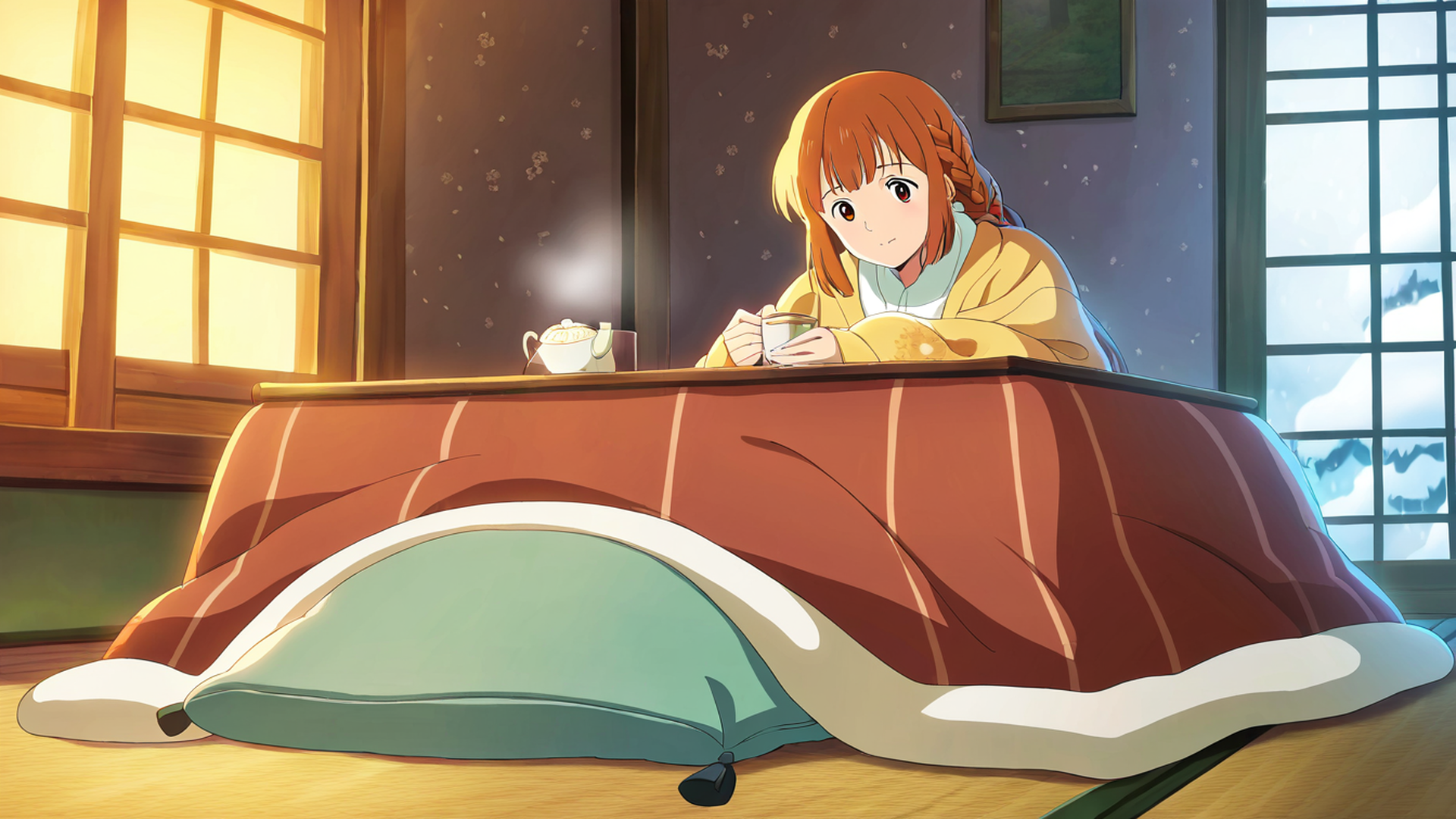 girl kotatsu winter lofi wallpaper