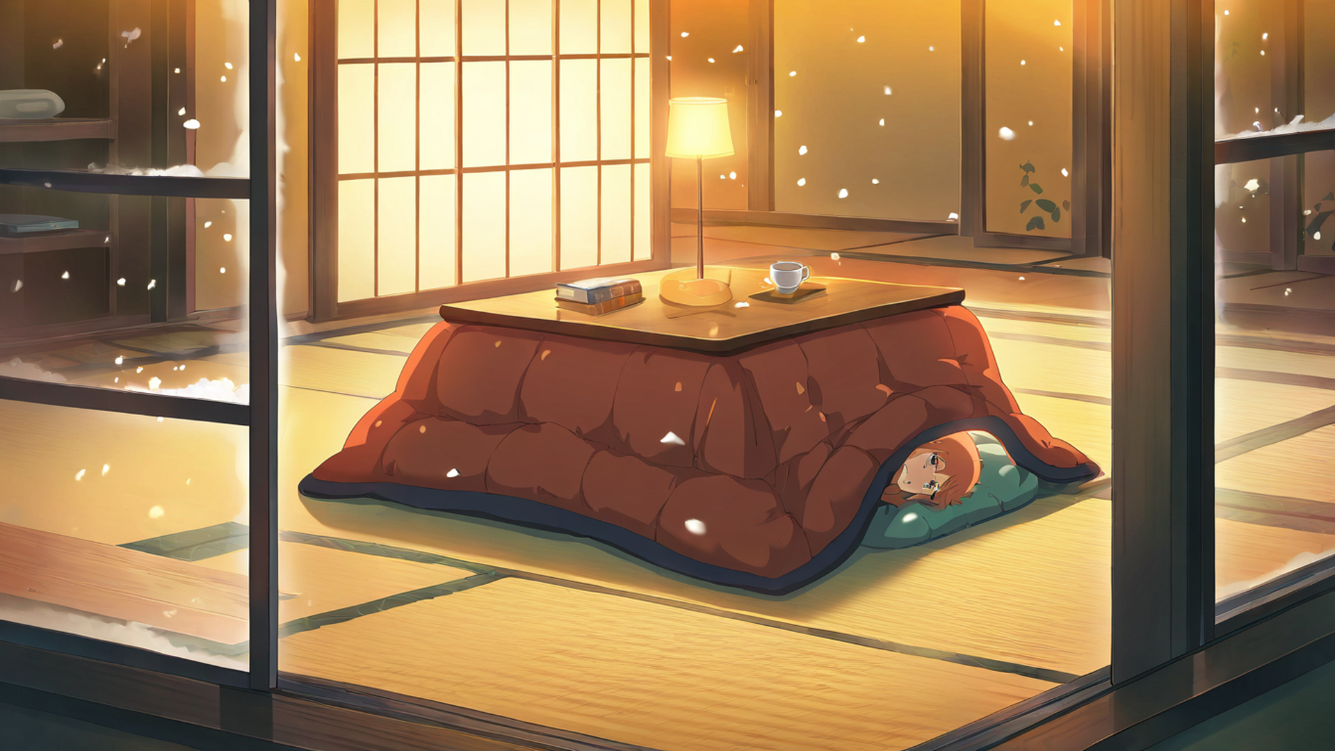 girl kotatsu winter lofi wallpaper