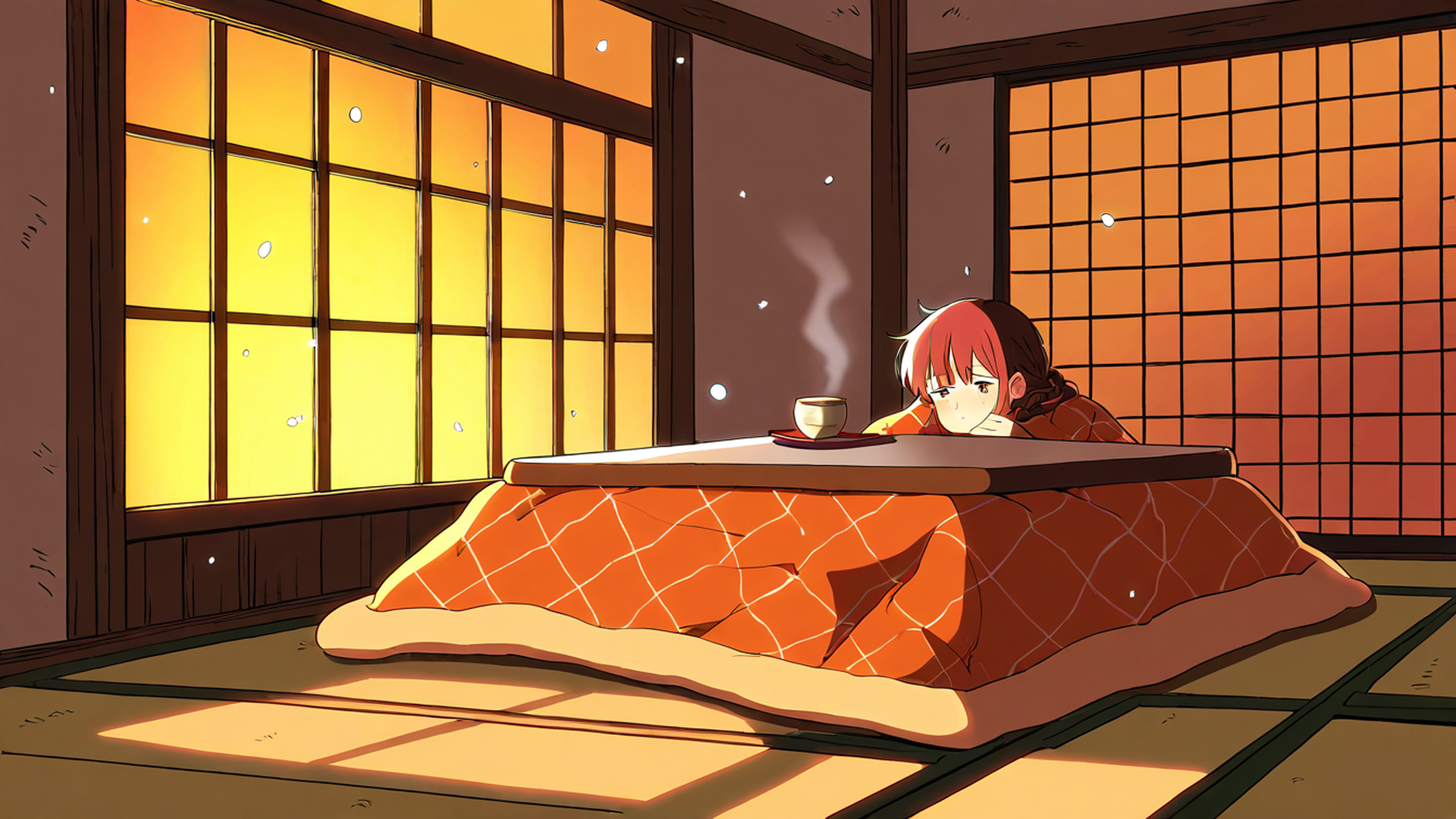 girl kotatsu winter lofi wallpaper