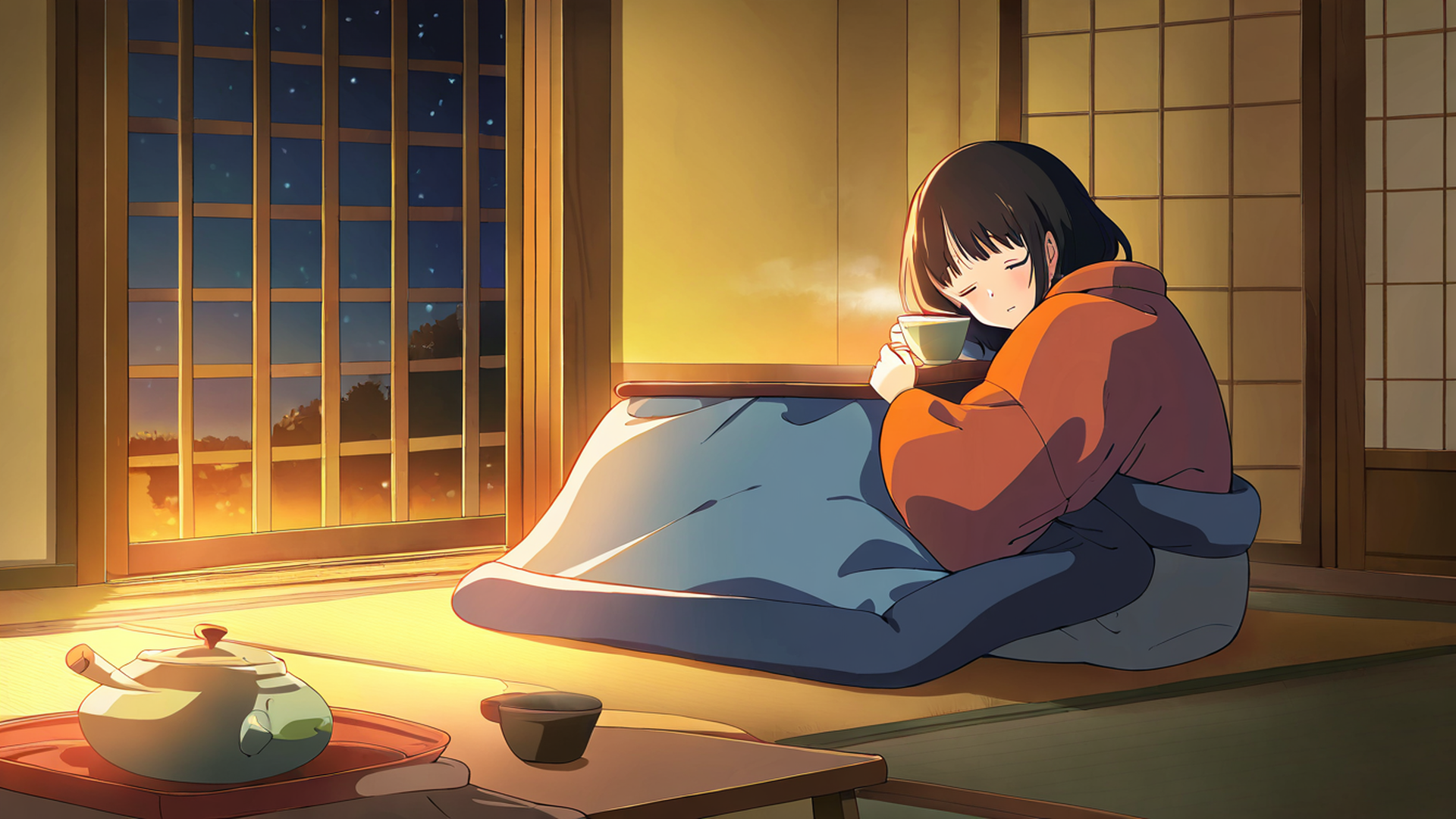 girl kotatsu winter lofi wallpaper