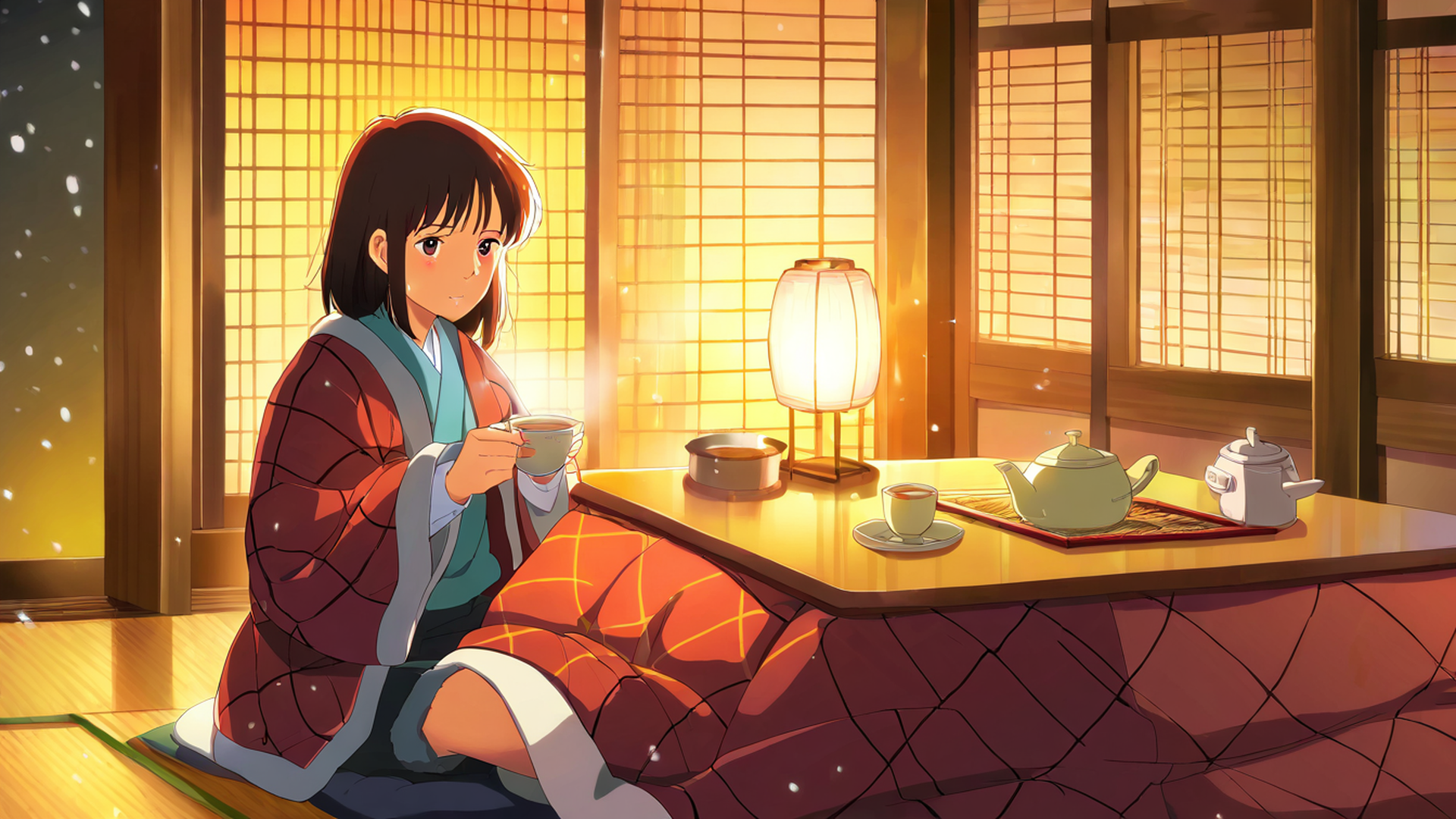 girl kotatsu winter lofi wallpaper
