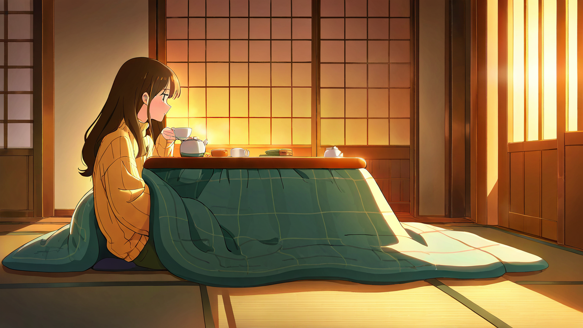 girl kotatsu winter lofi wallpaper