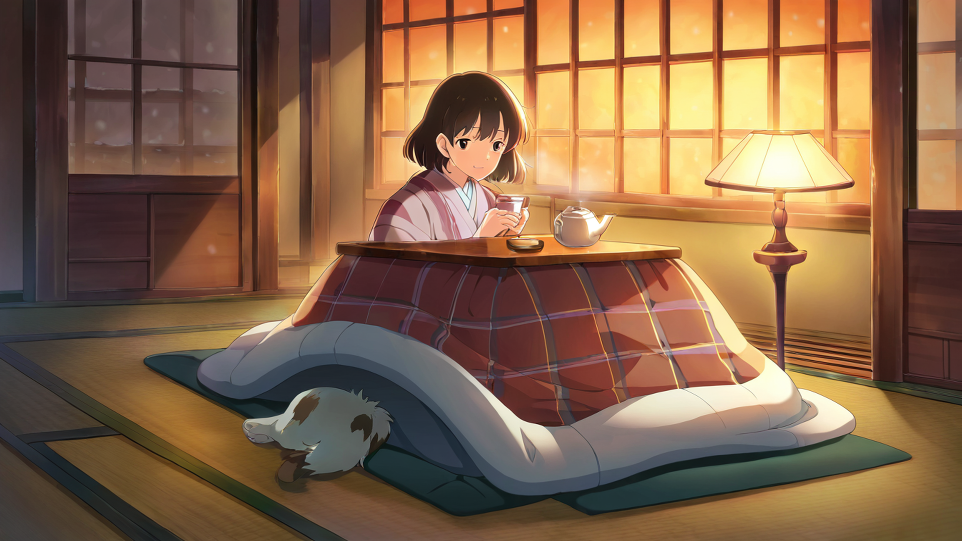 girl kotatsu winter lofi wallpaper