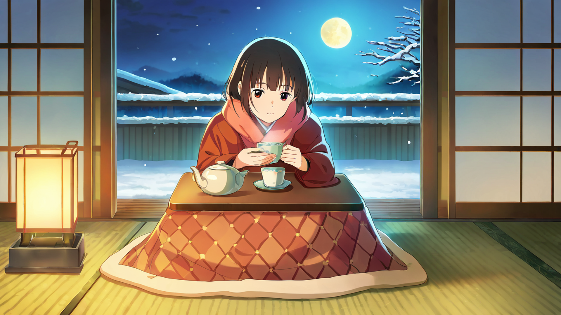 girl kotatsu winter lofi wallpaper