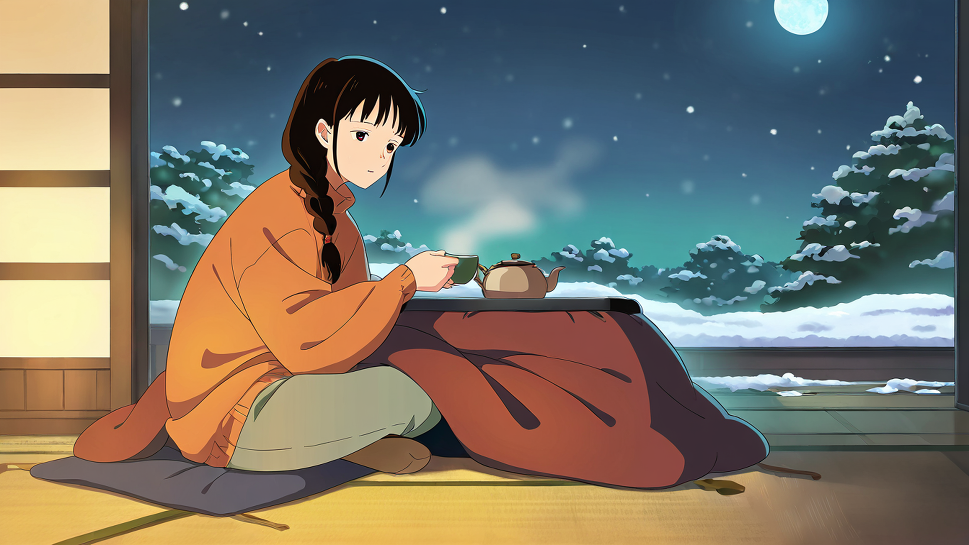 girl kotatsu winter lofi wallpaper