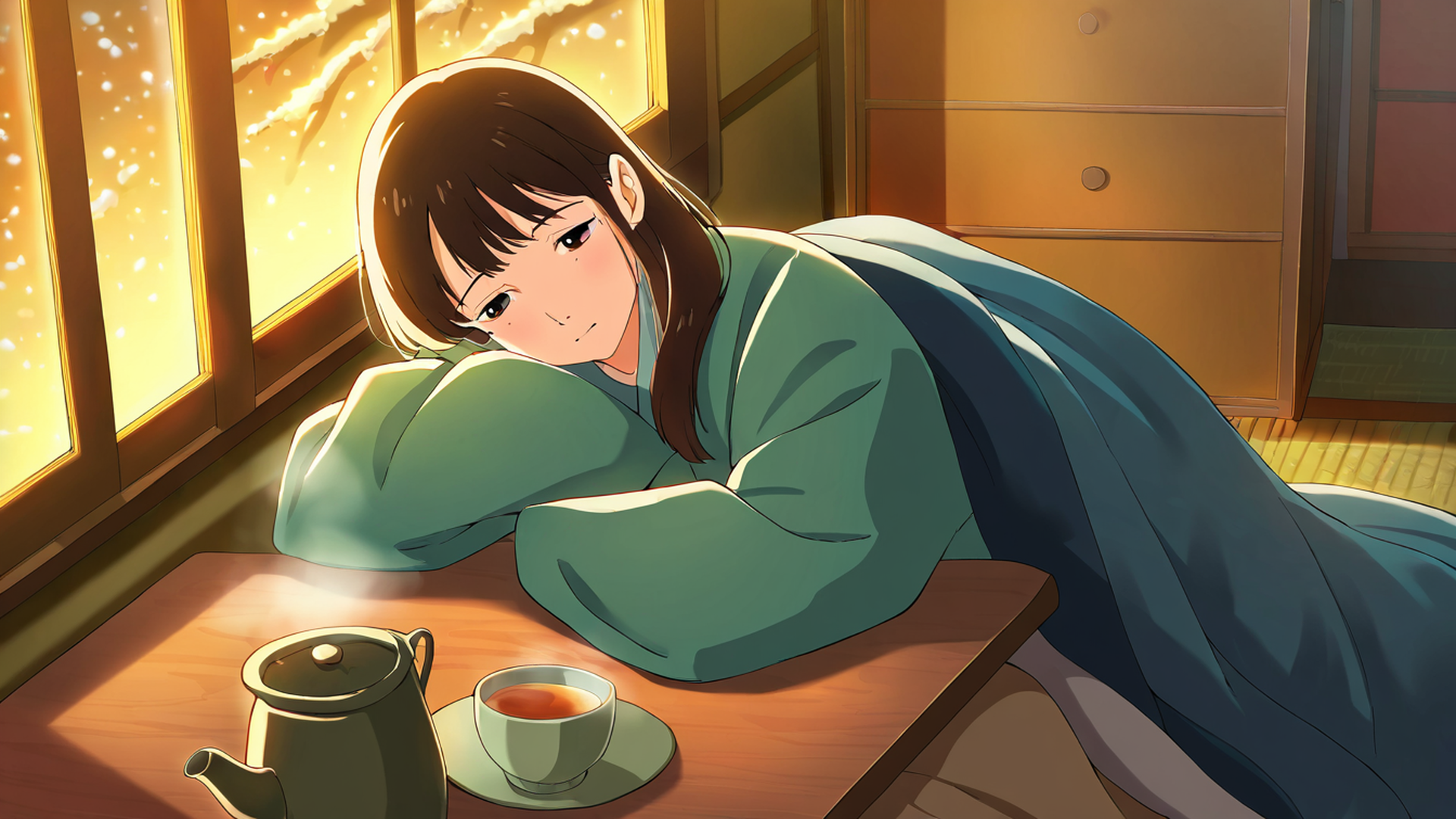 girl kotatsu winter lofi wallpaper