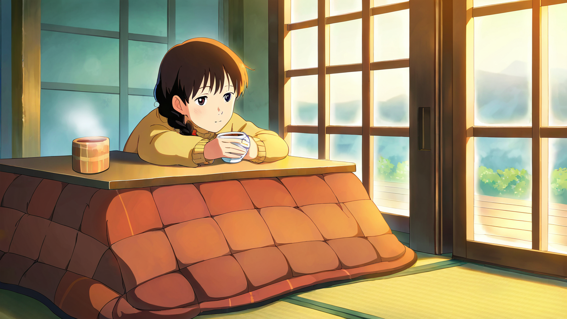girl kotatsu winter lofi wallpaper