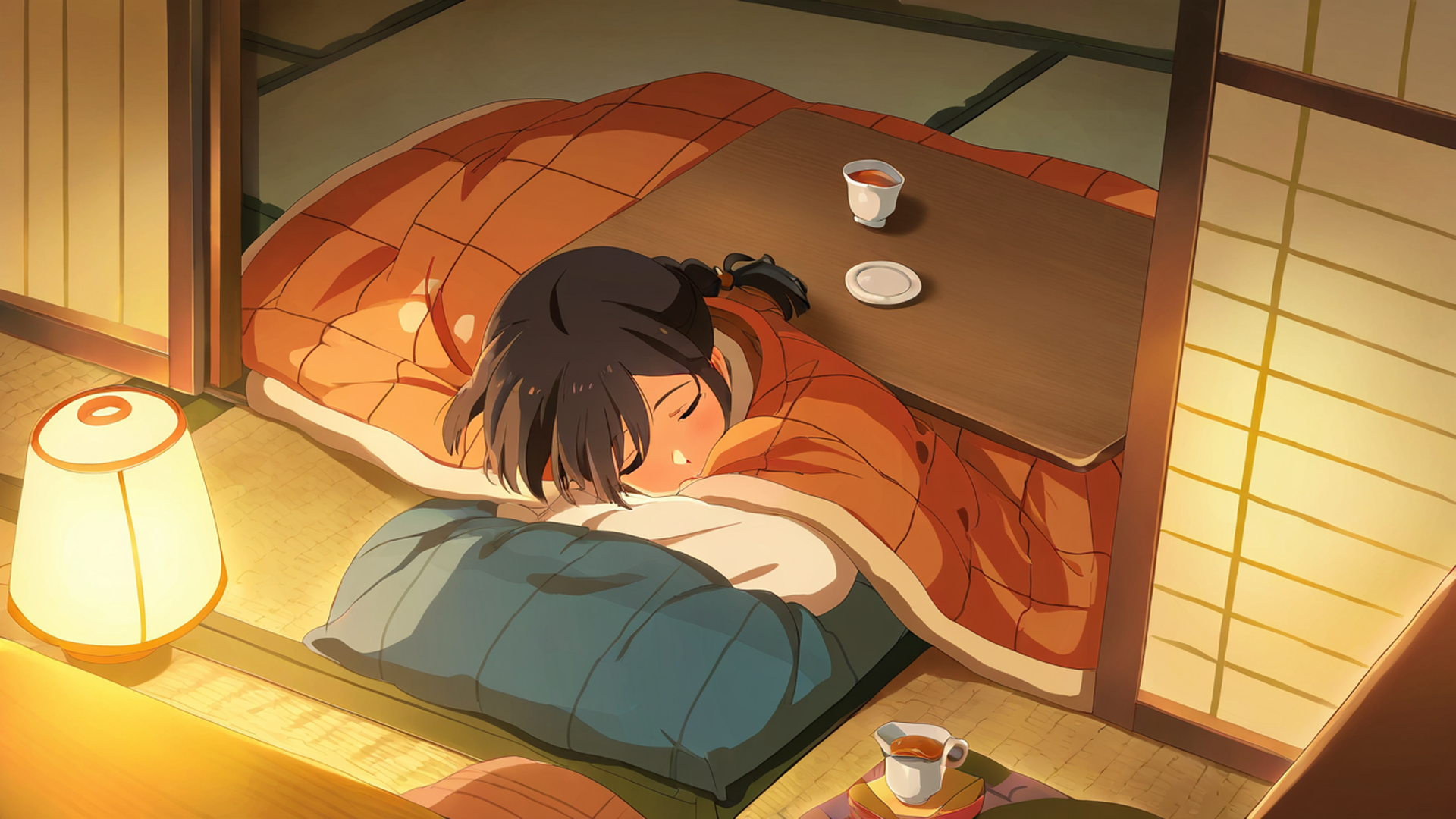 girl kotatsu winter lofi wallpaper