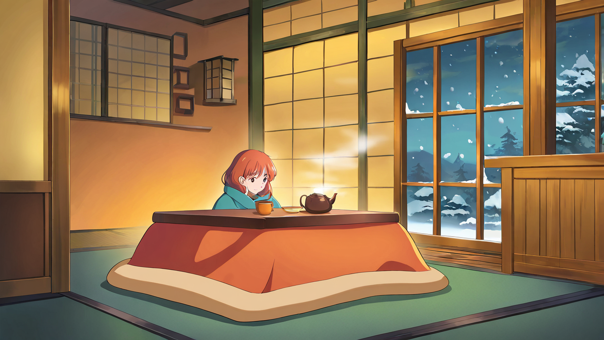 girl kotatsu winter lofi wallpaper