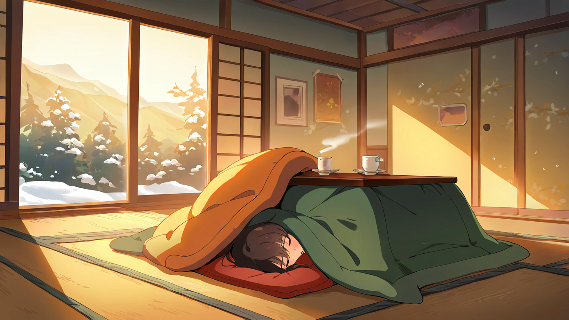 girl kotatsu winter lofi wallpaper