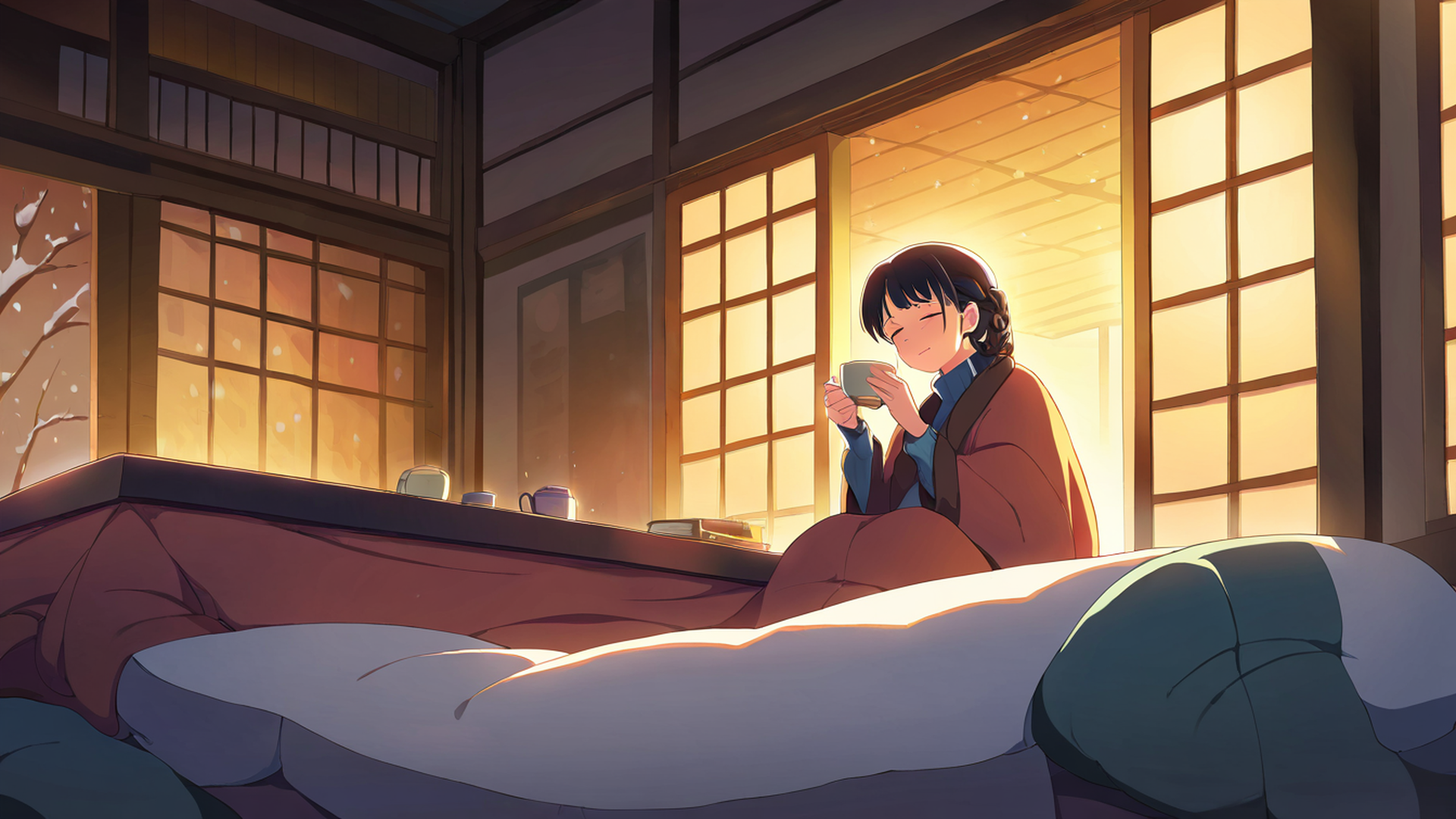 girl kotatsu winter lofi wallpaper