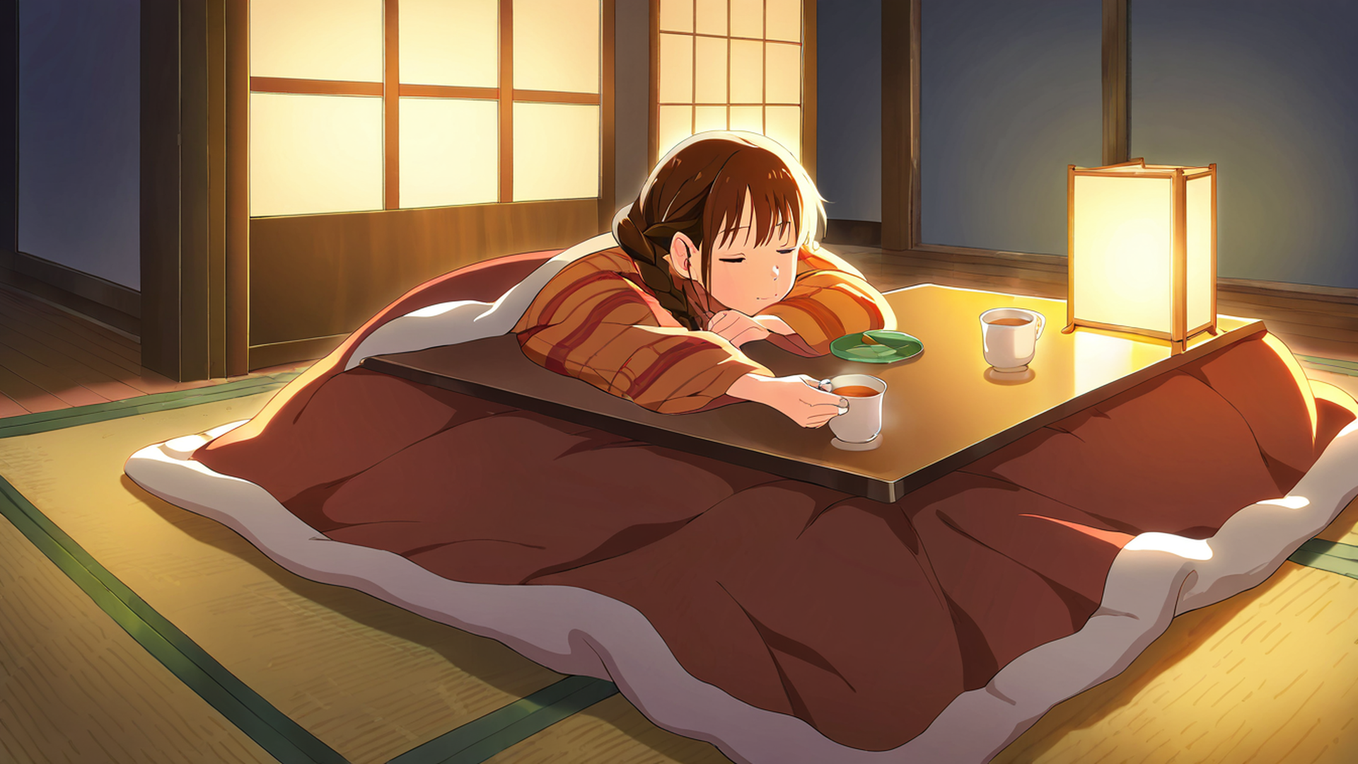 girl kotatsu winter lofi wallpaper