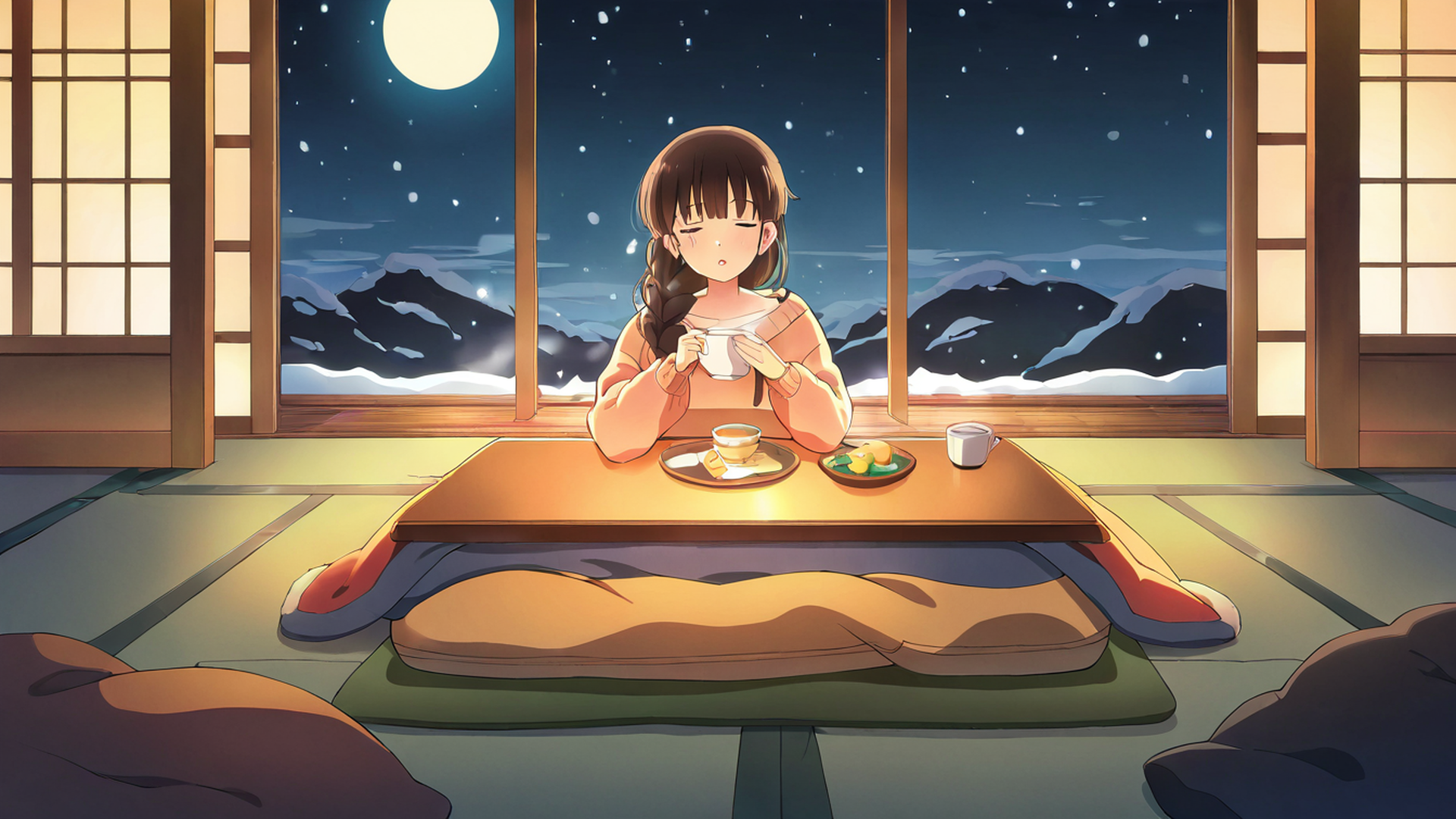 girl kotatsu winter lofi wallpaper