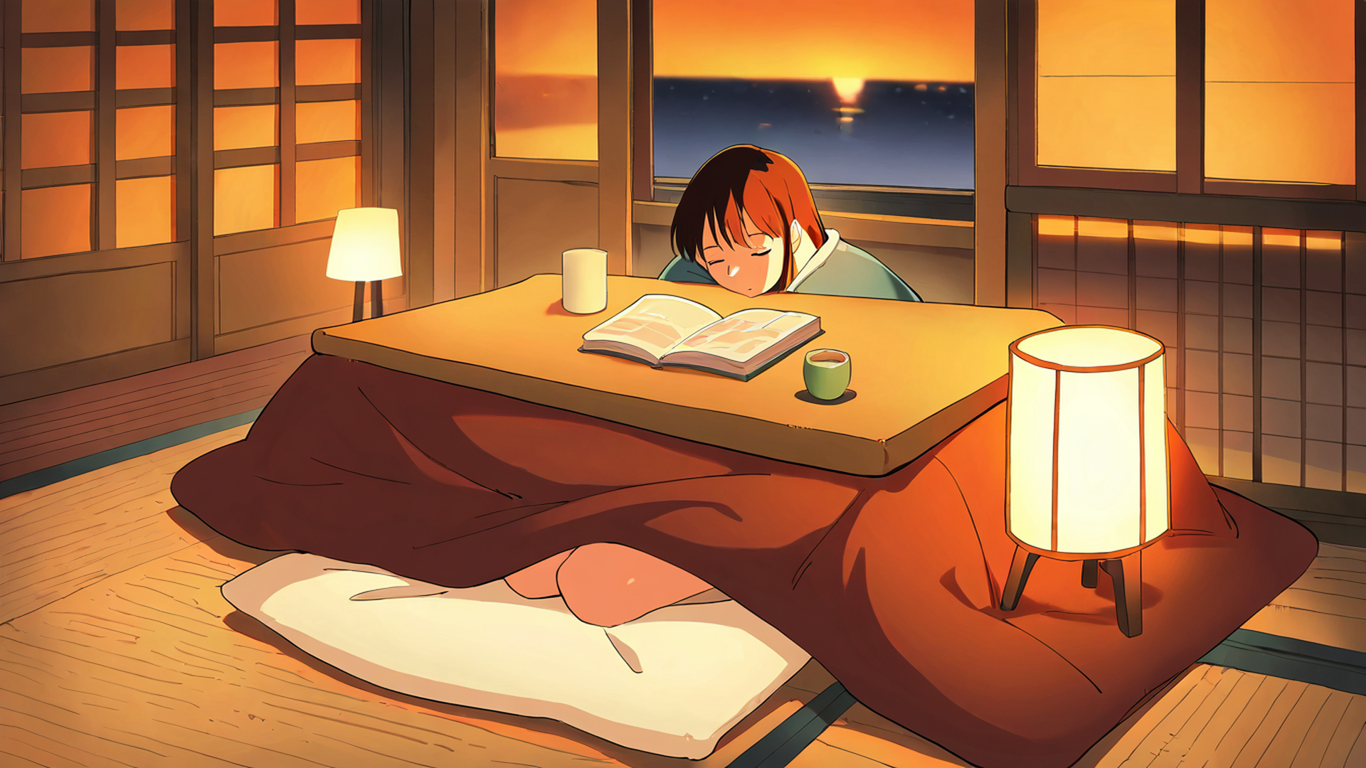 girl kotatsu winter lofi wallpaper